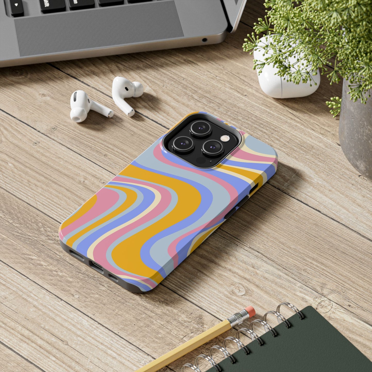 Groovy Pastel Waves iPhone Case – 70s-Inspired Design with Dual-Layer Protection