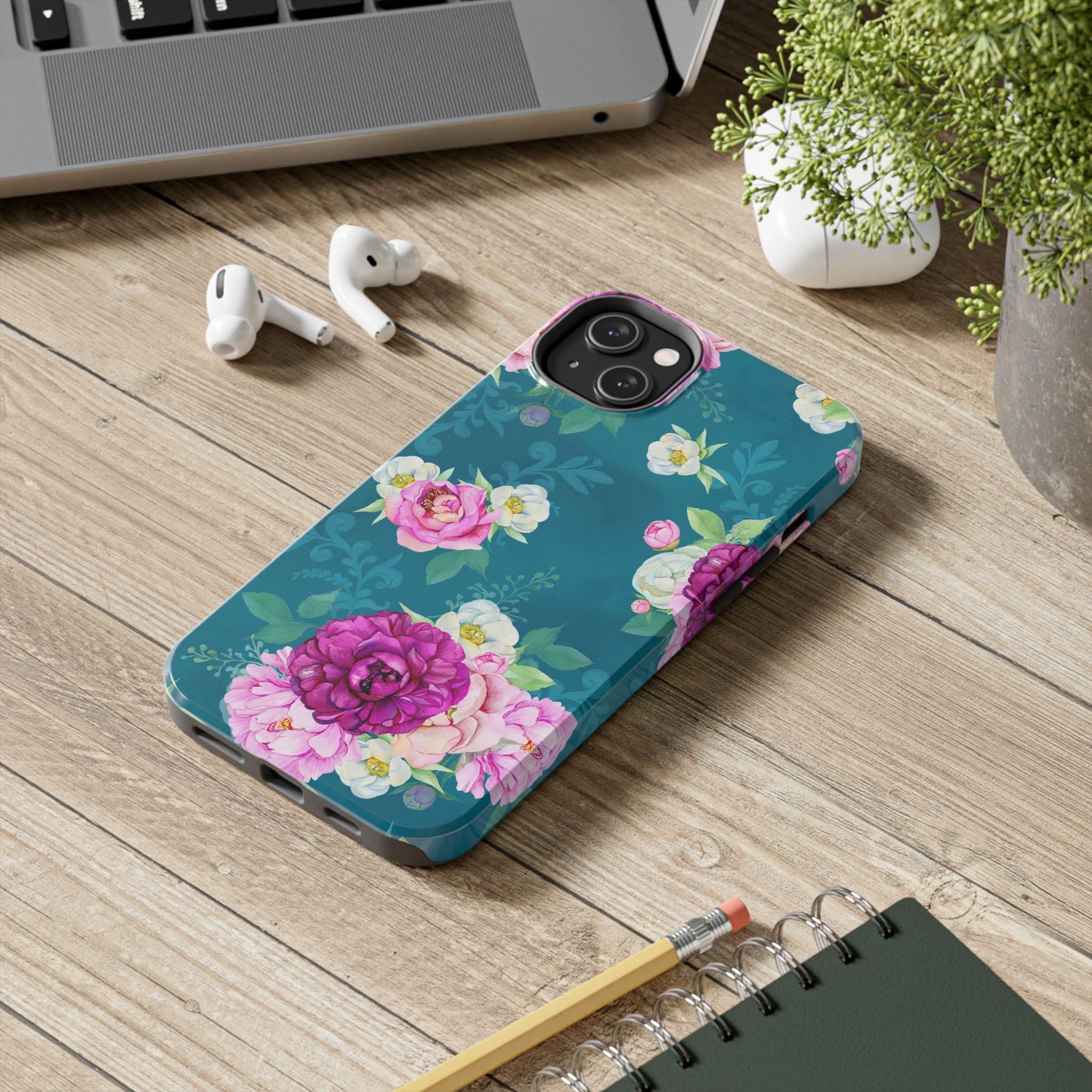 Elegant Peony Bouquet iPhone Case – Deep Teal Background with Romantic Floral Design