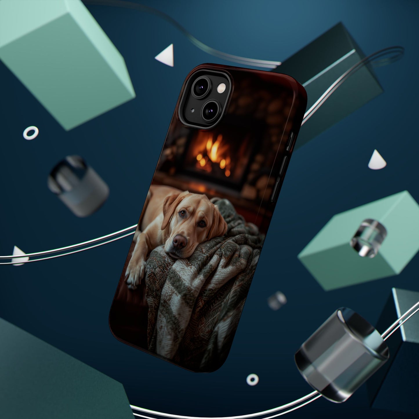 Cozy Labrador by Fireplace MagSafe iPhone Case – Rustic Cabin Protective Cover