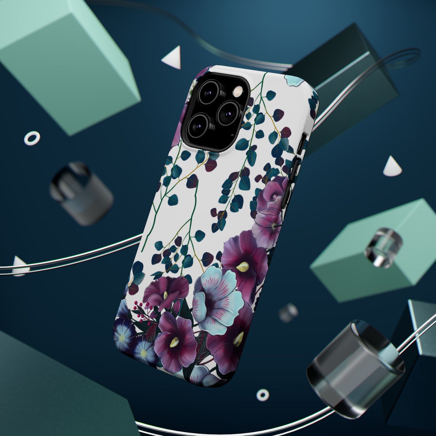 Moody Purple & Teal Floral MagSafe iPhone Series Case – Elegant Botanical Design