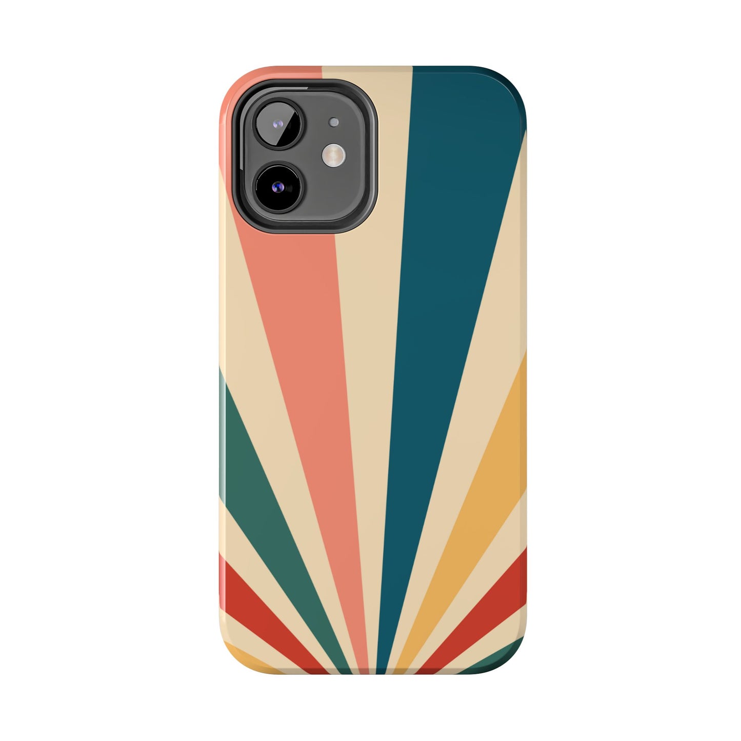 Retro Sunbeam iPhone Case – 70s-Inspired Radiating Stripes in Coral, Teal, and Mustard