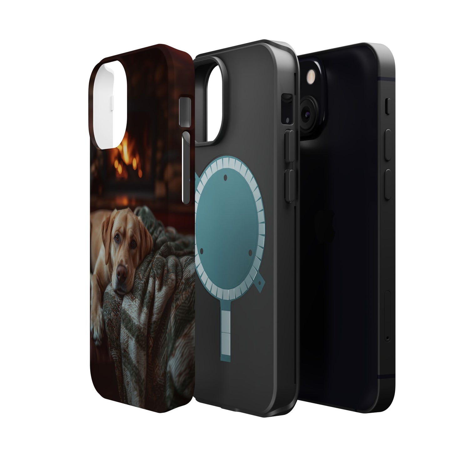 Cozy Labrador by Fireplace MagSafe iPhone Case – Rustic Cabin Protective Cover