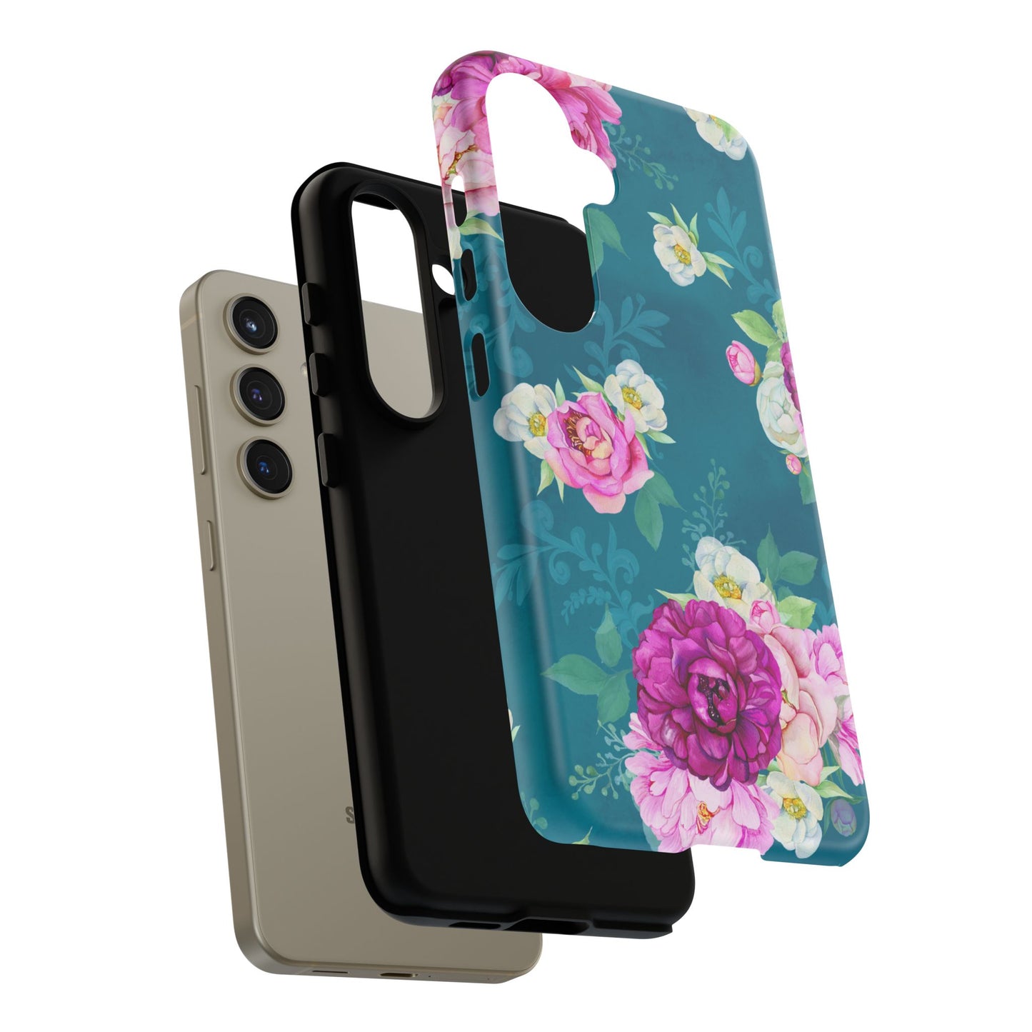 Elegant Peony Bouquet Samsung Galaxy Case – Deep Teal Background with Romantic Floral Design