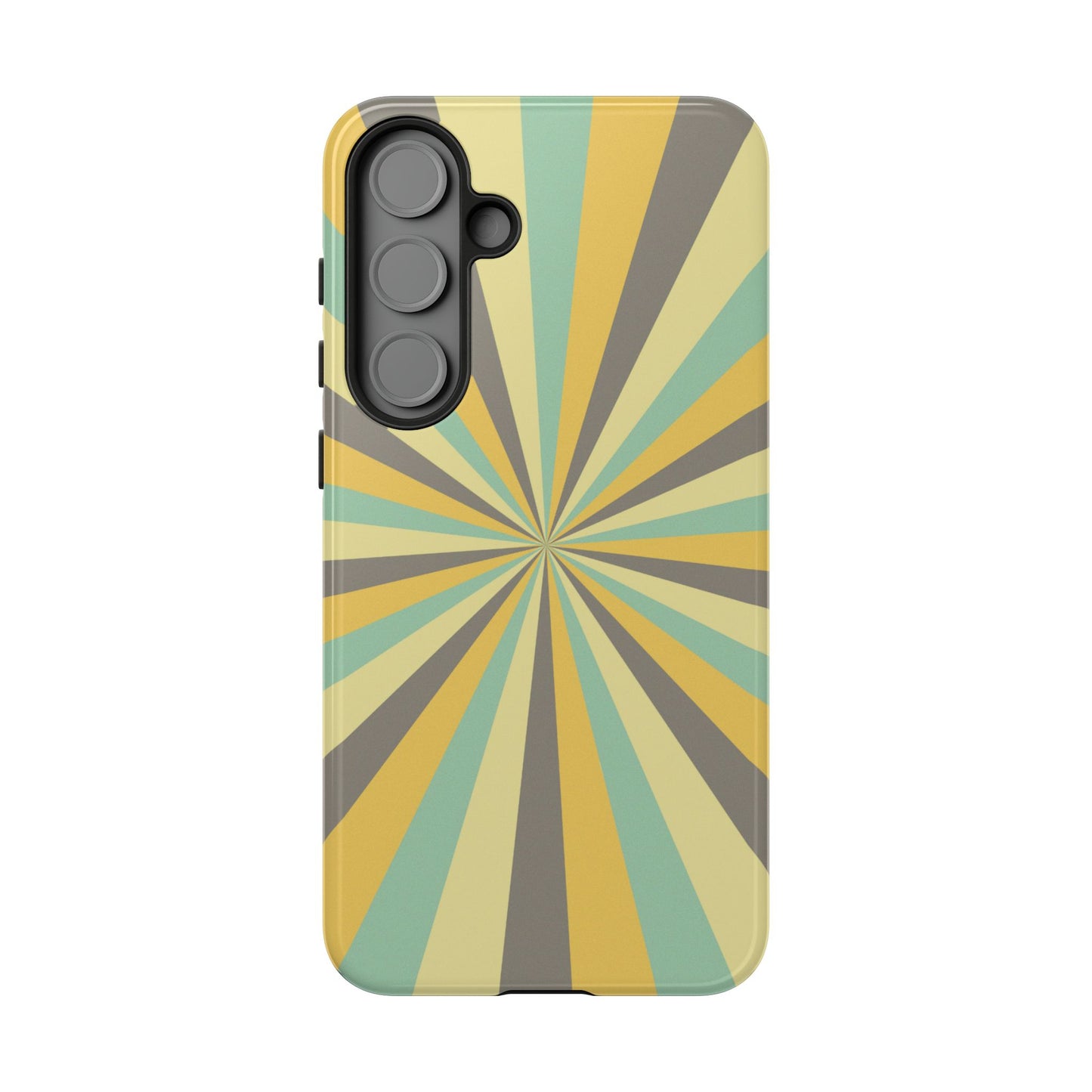 Vintage Sunburst Rays Samsung Galaxy Case – Bold 70s-Inspired Burst in Yellow, Mint, and Gray