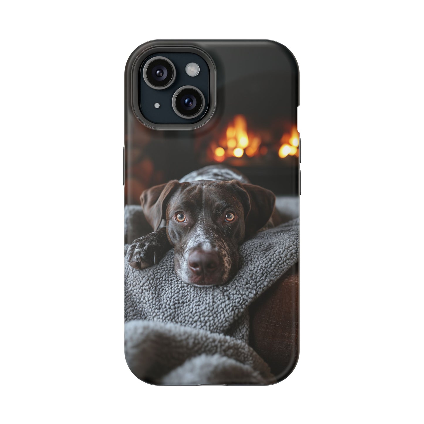Cozy German Shorthaired Pointer MagSafe iPhone Case – Rustic Fireplace Protective Cover