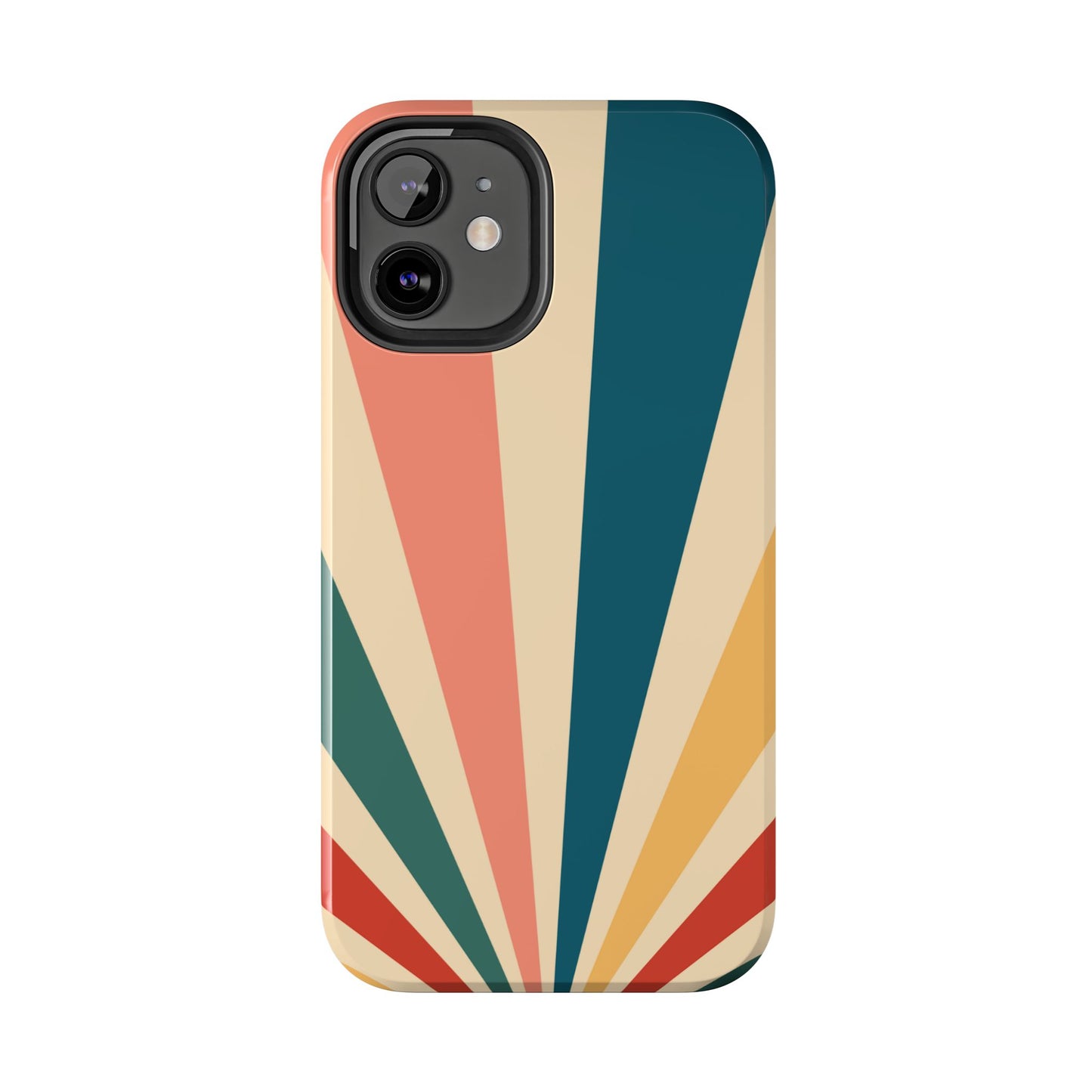 Retro Sunbeam iPhone Case – 70s-Inspired Radiating Stripes in Coral, Teal, and Mustard
