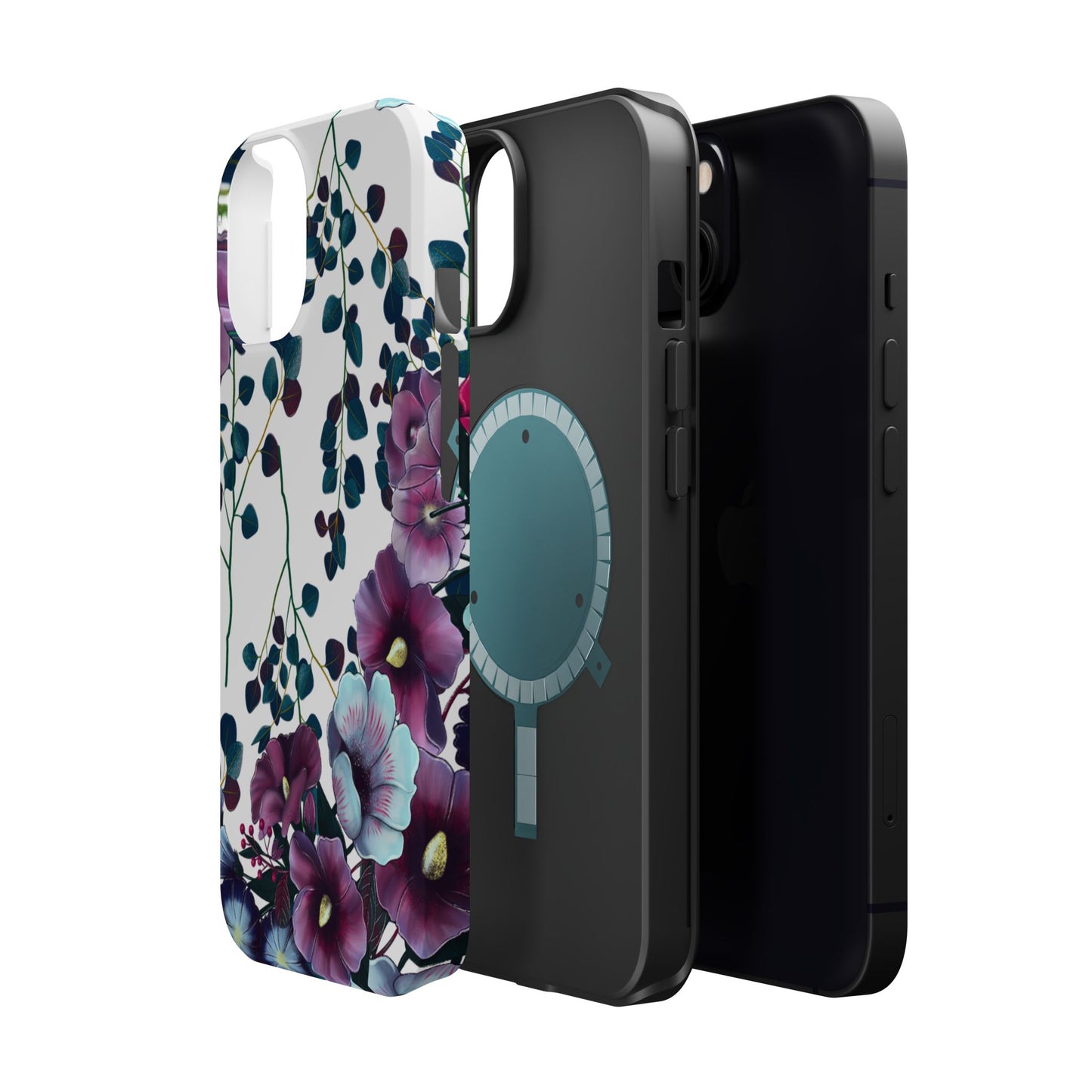 Moody Purple & Teal Floral MagSafe iPhone Series Case – Elegant Botanical Design