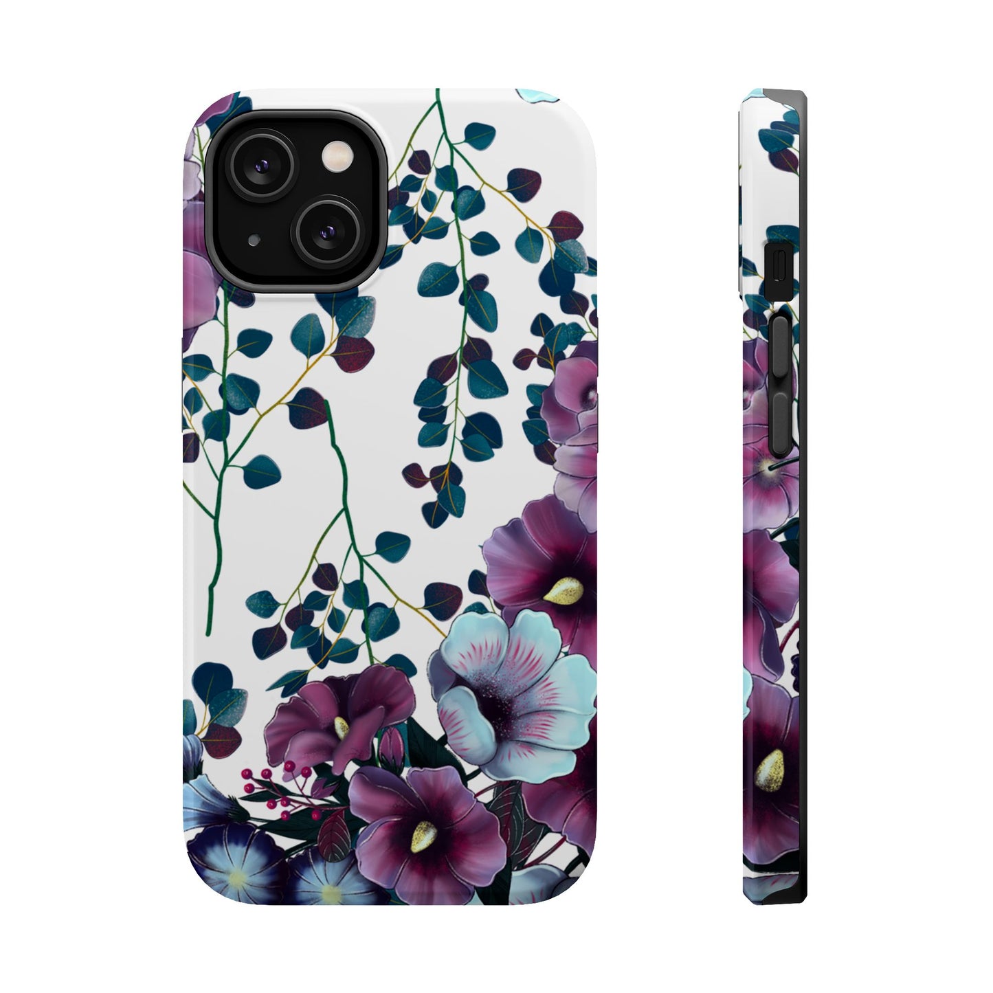 Moody Purple & Teal Floral MagSafe iPhone Series Case – Elegant Botanical Design