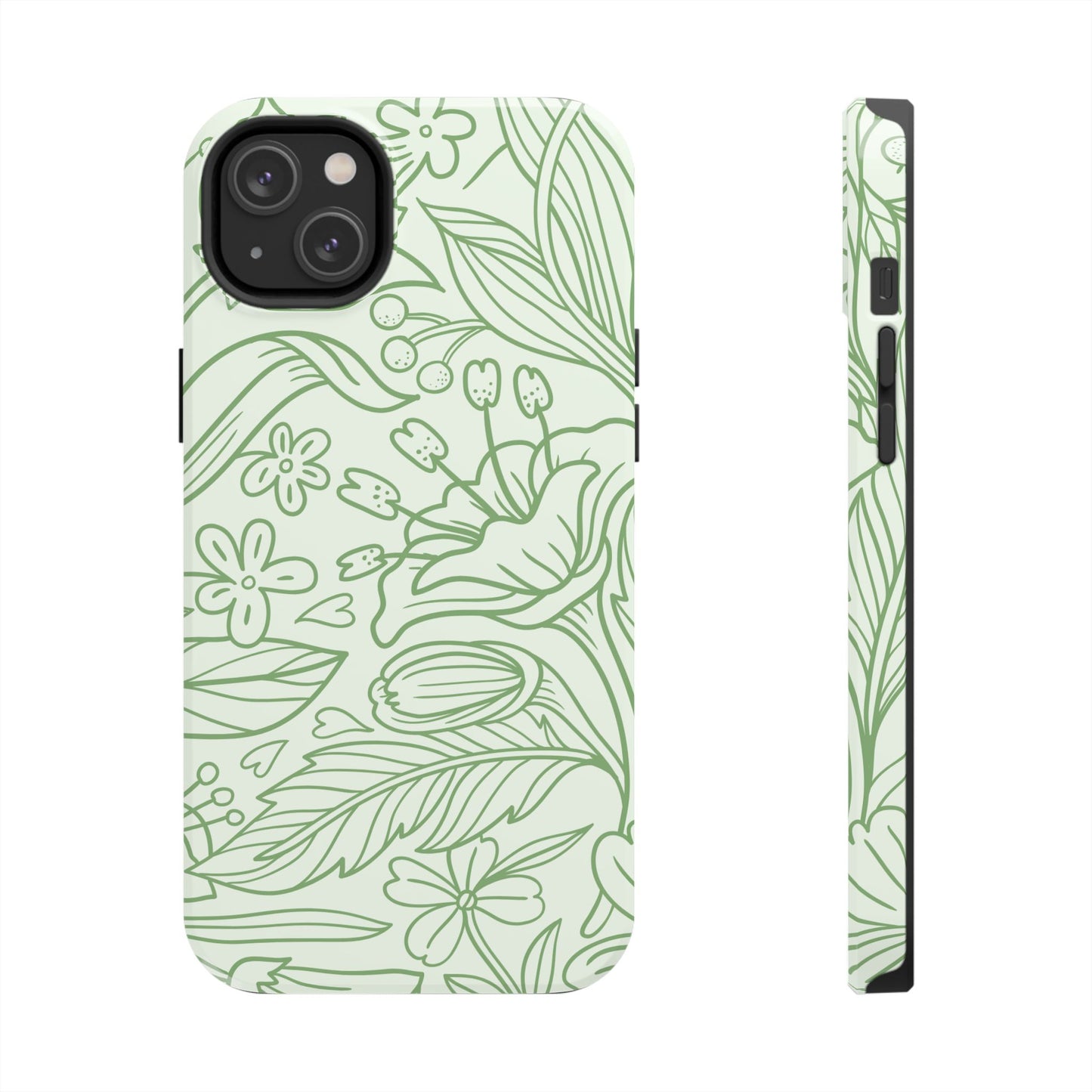 Sage Green Floral Line Art Tough iPhone Case – Minimalist Botanical Design with Dual-Layer Protection