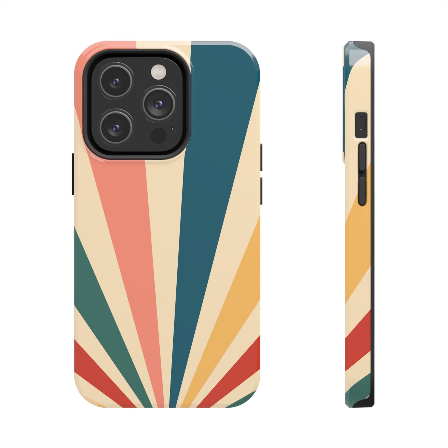 Retro Sunbeam iPhone Case – 70s-Inspired Radiating Stripes in Coral, Teal, and Mustard