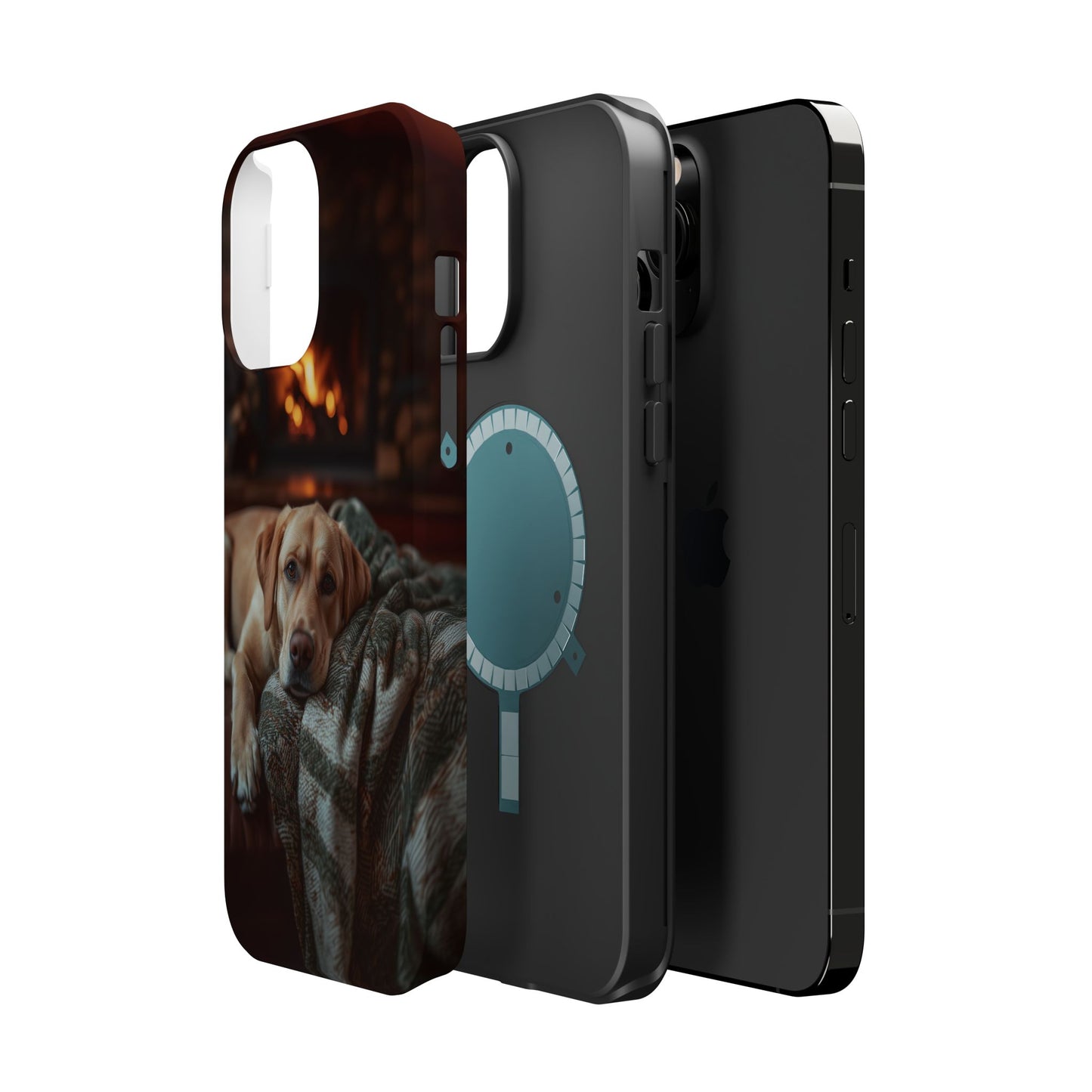 Cozy Labrador by Fireplace MagSafe iPhone Case – Rustic Cabin Protective Cover