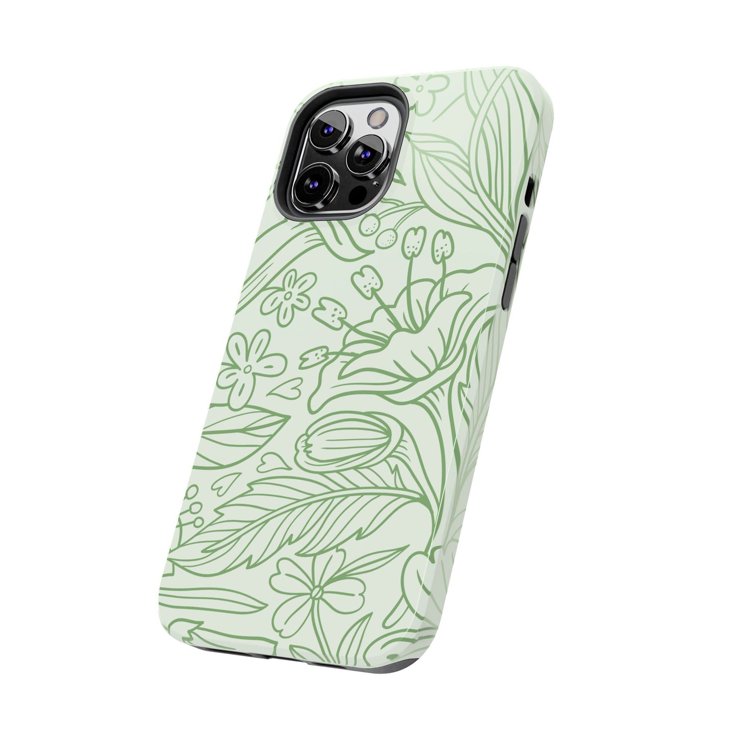 Sage Green Floral Line Art Tough iPhone Case – Minimalist Botanical Design with Dual-Layer Protection
