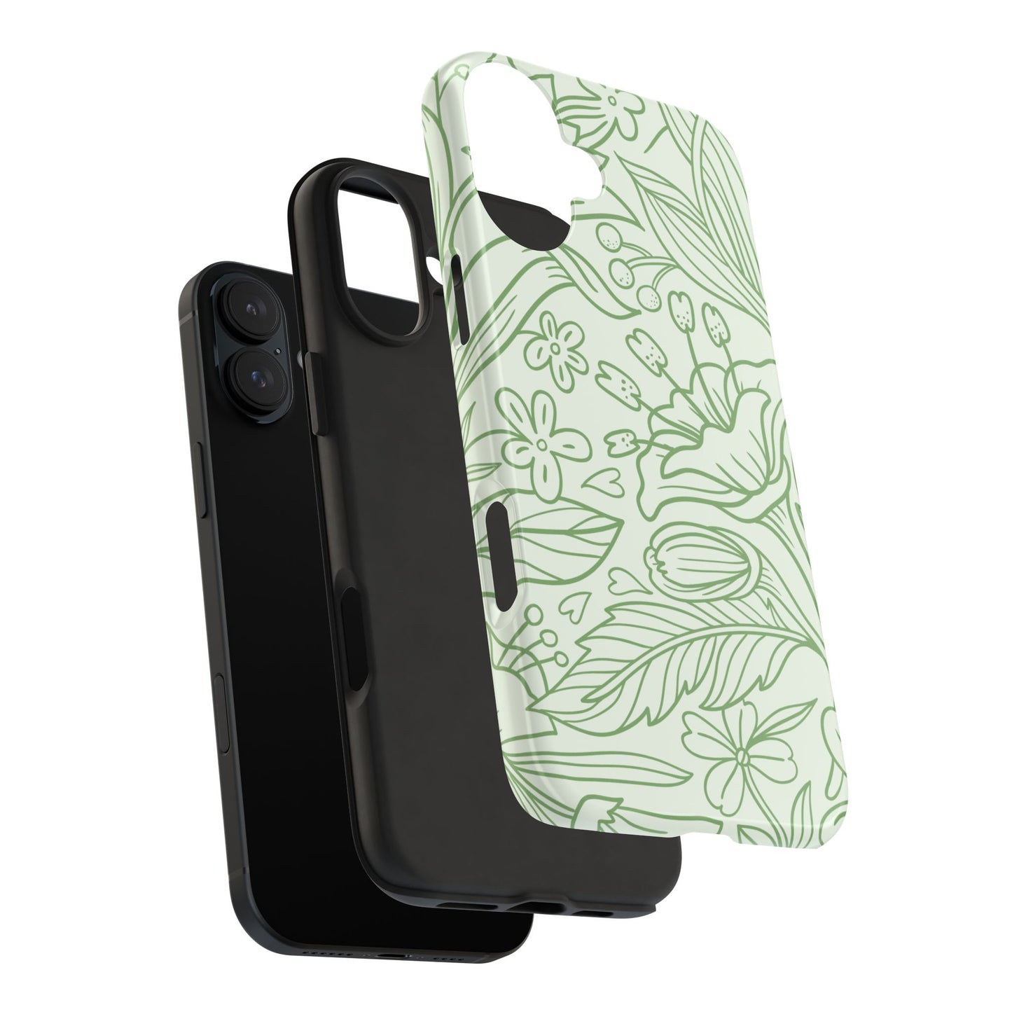 Sage Green Floral Line Art Tough iPhone Case – Minimalist Botanical Design with Dual-Layer Protection