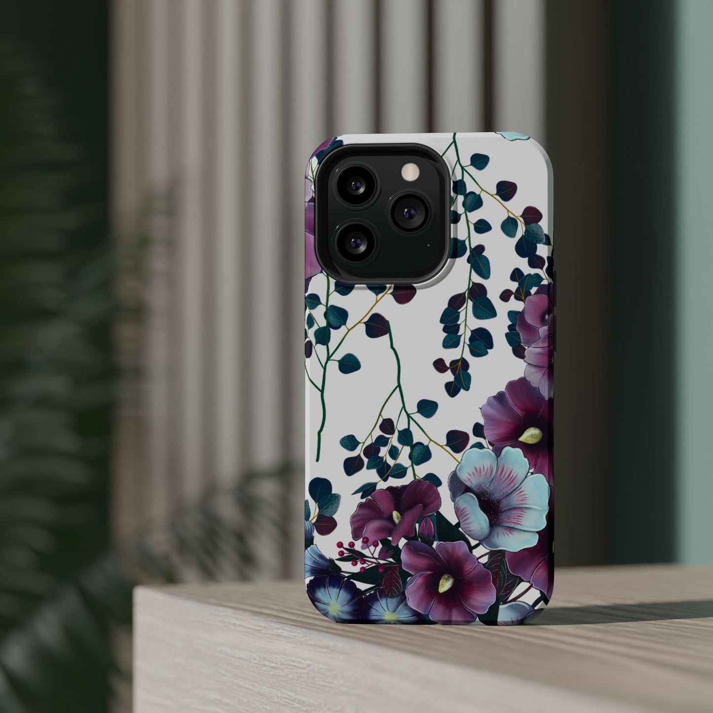 Moody Purple & Teal Floral MagSafe iPhone Series Case – Elegant Botanical Design