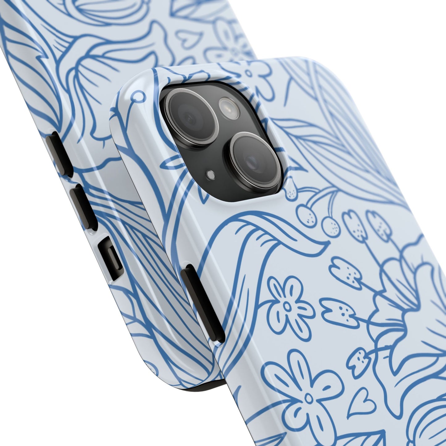 Dusty Blue Floral Line Art Tough iPhone Case – Minimalist Botanical Design with Dual-Layer Protection