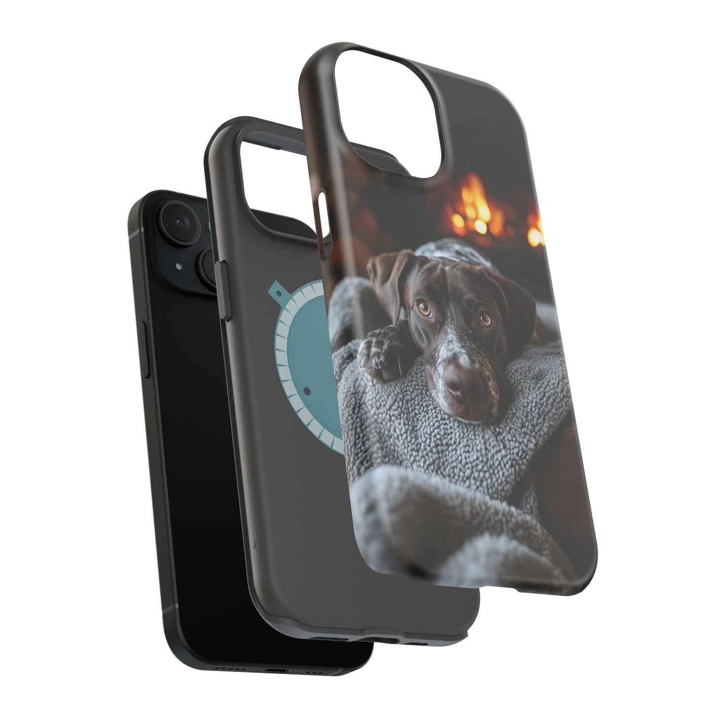 Cozy German Shorthaired Pointer MagSafe iPhone Case – Rustic Fireplace Protective Cover