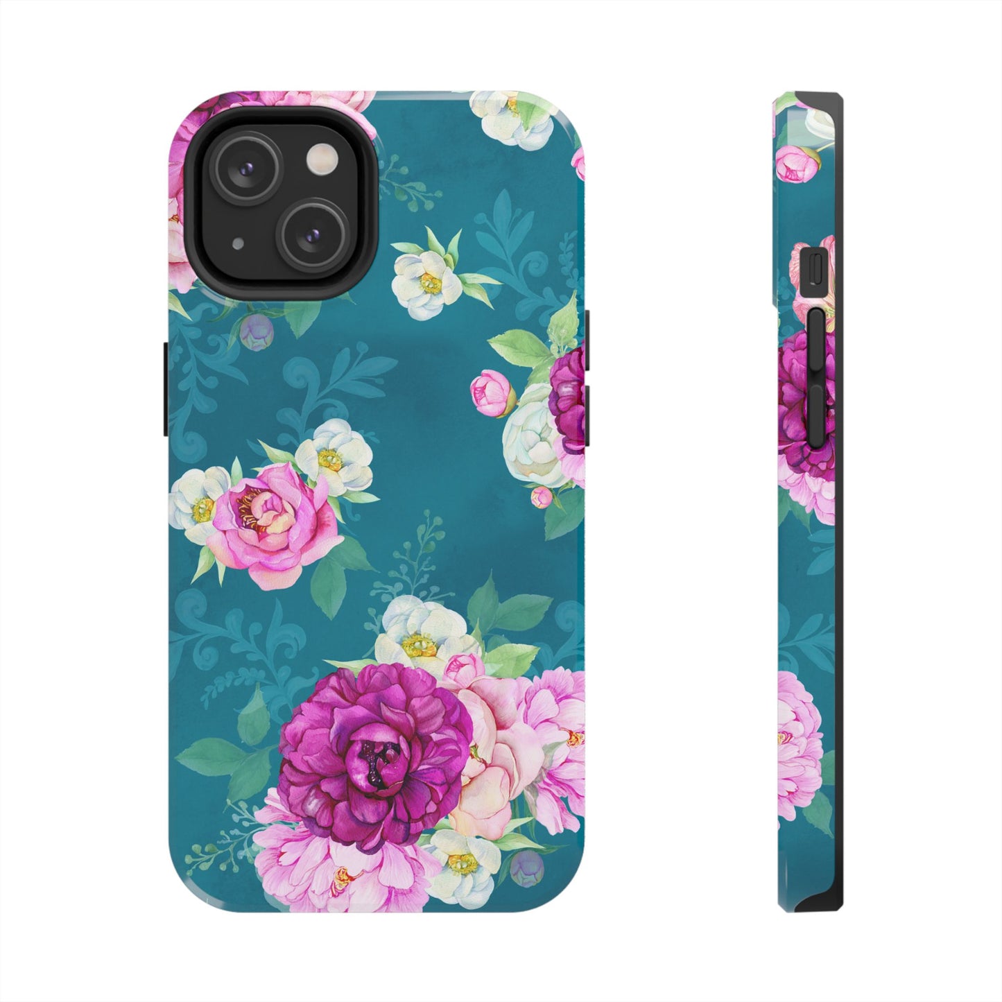Elegant Peony Bouquet iPhone Case – Deep Teal Background with Romantic Floral Design