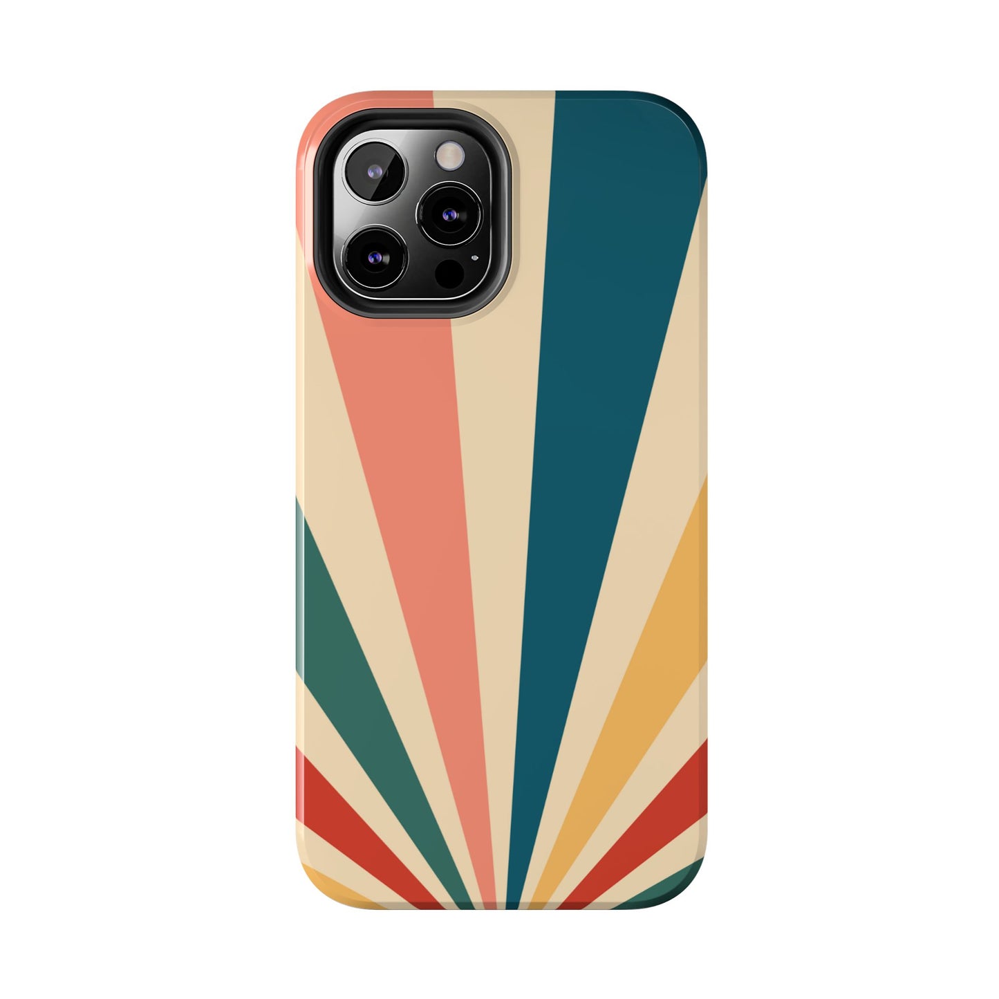 Retro Sunbeam iPhone Case – 70s-Inspired Radiating Stripes in Coral, Teal, and Mustard