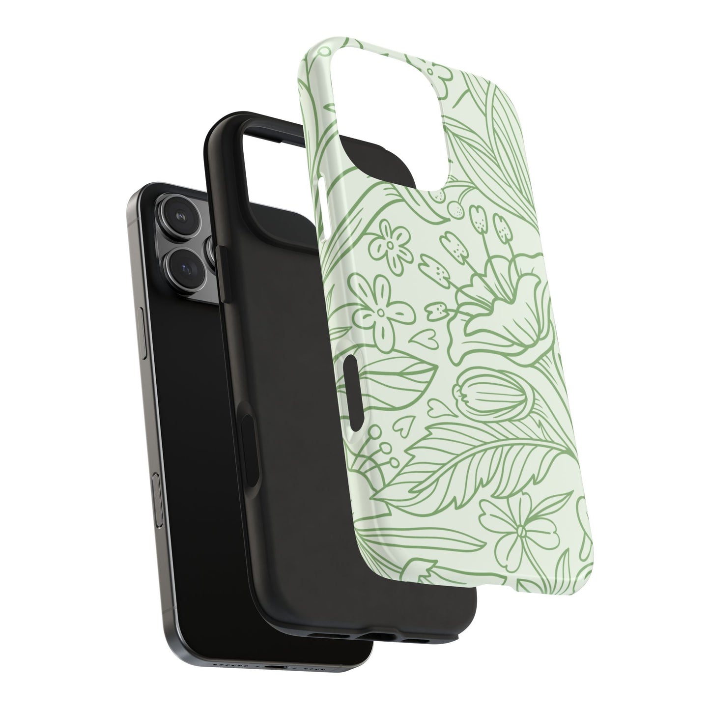Sage Green Floral Line Art Tough iPhone Case – Minimalist Botanical Design with Dual-Layer Protection