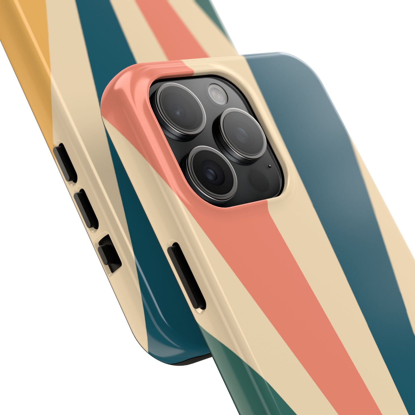 Retro Sunbeam iPhone Case – 70s-Inspired Radiating Stripes in Coral, Teal, and Mustard