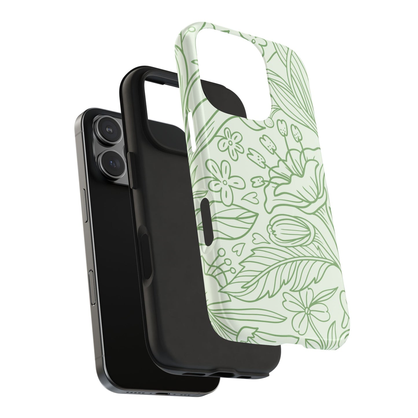 Sage Green Floral Line Art Tough iPhone Case – Minimalist Botanical Design with Dual-Layer Protection