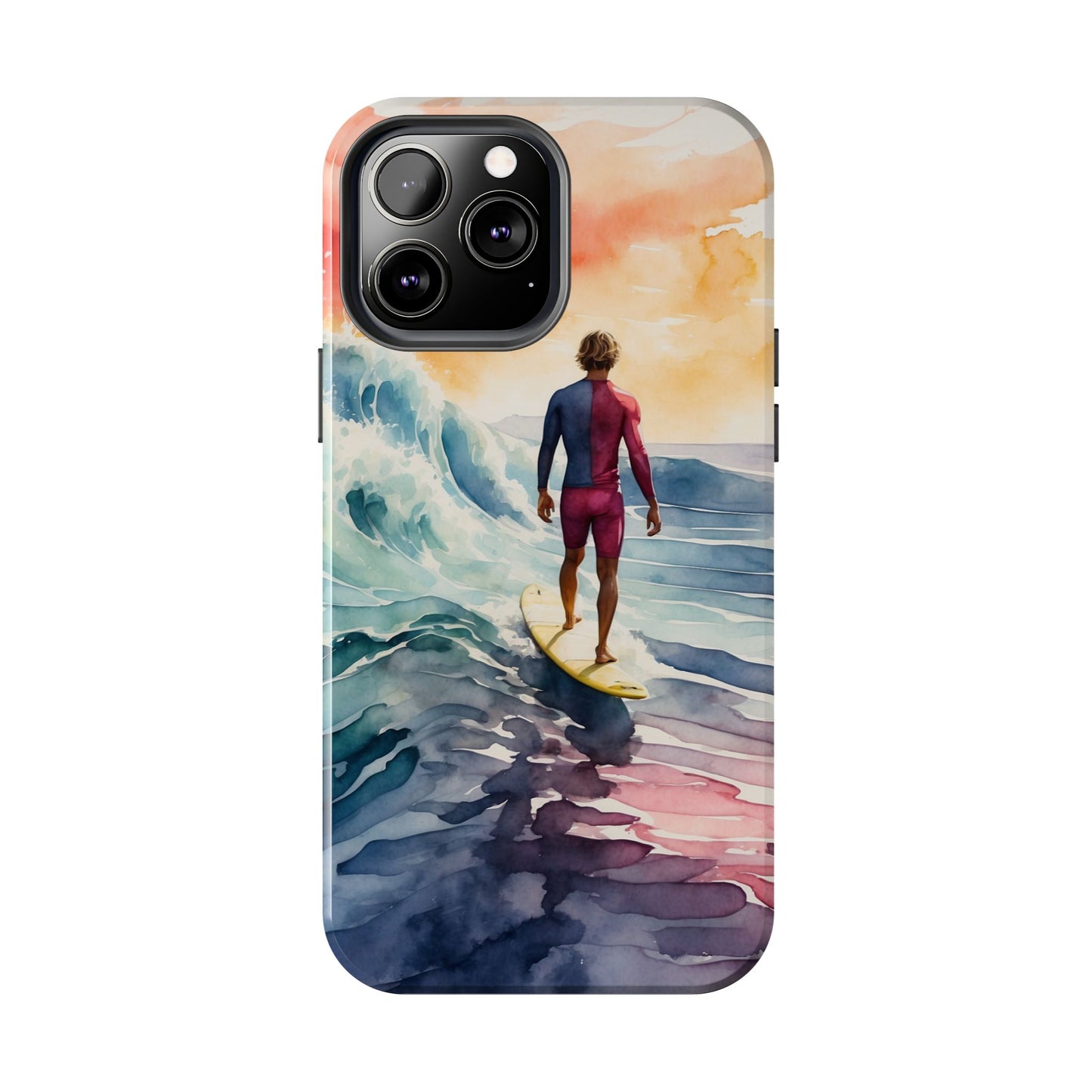 Surfer’s Sunset Wave iPhone Case – Vibrant Watercolor Design
