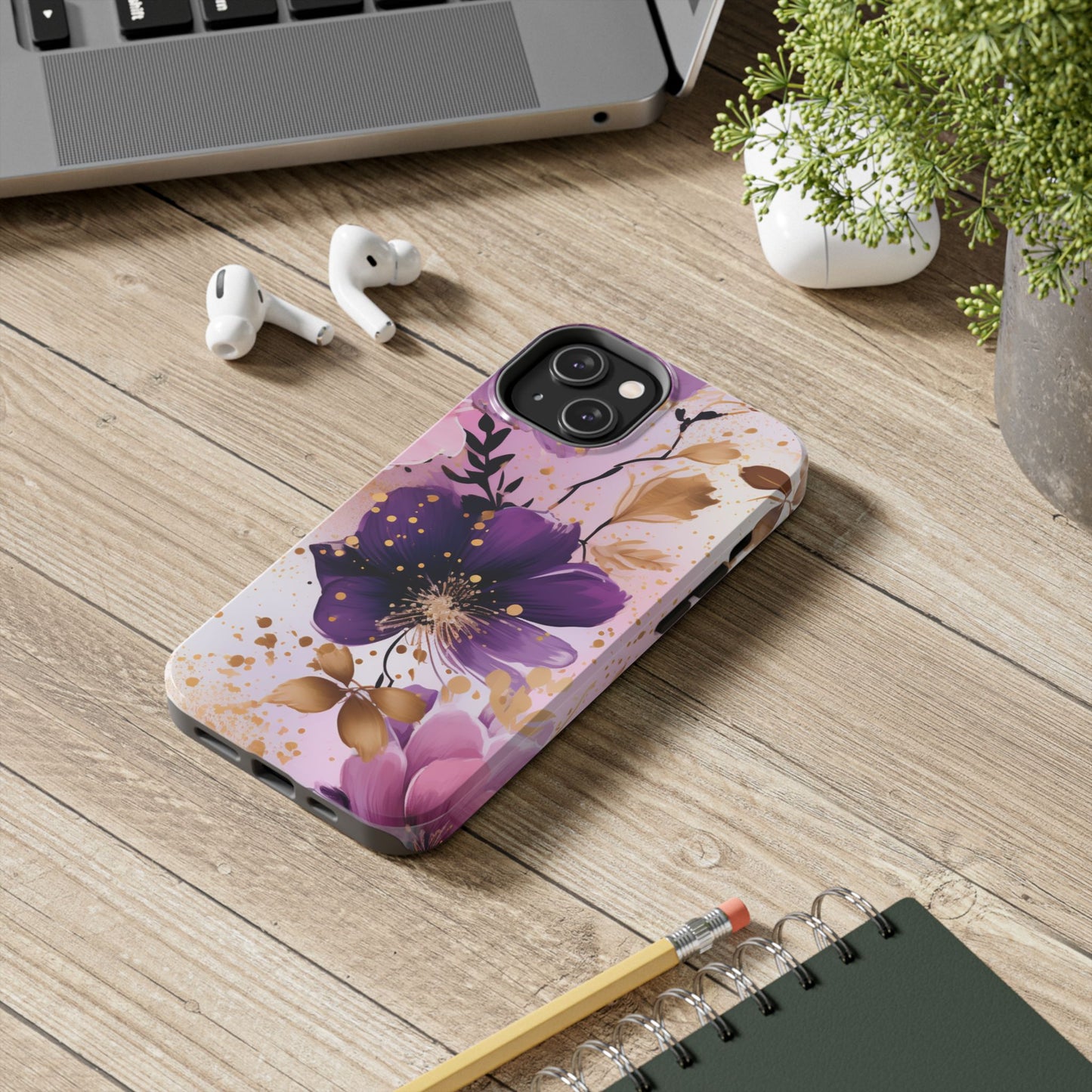 Elegant Purple & Gold Floral iPhone Case - Luxe Flower Design