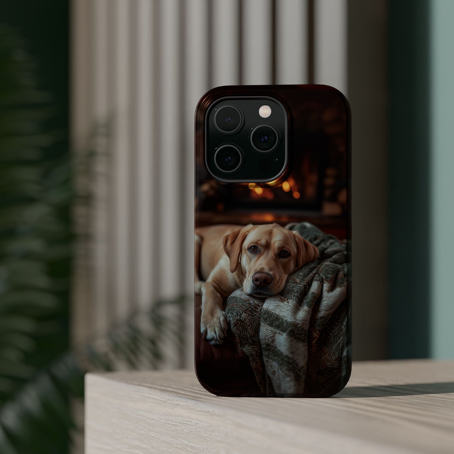 Cozy Labrador by Fireplace MagSafe iPhone Case – Rustic Cabin Protective Cover