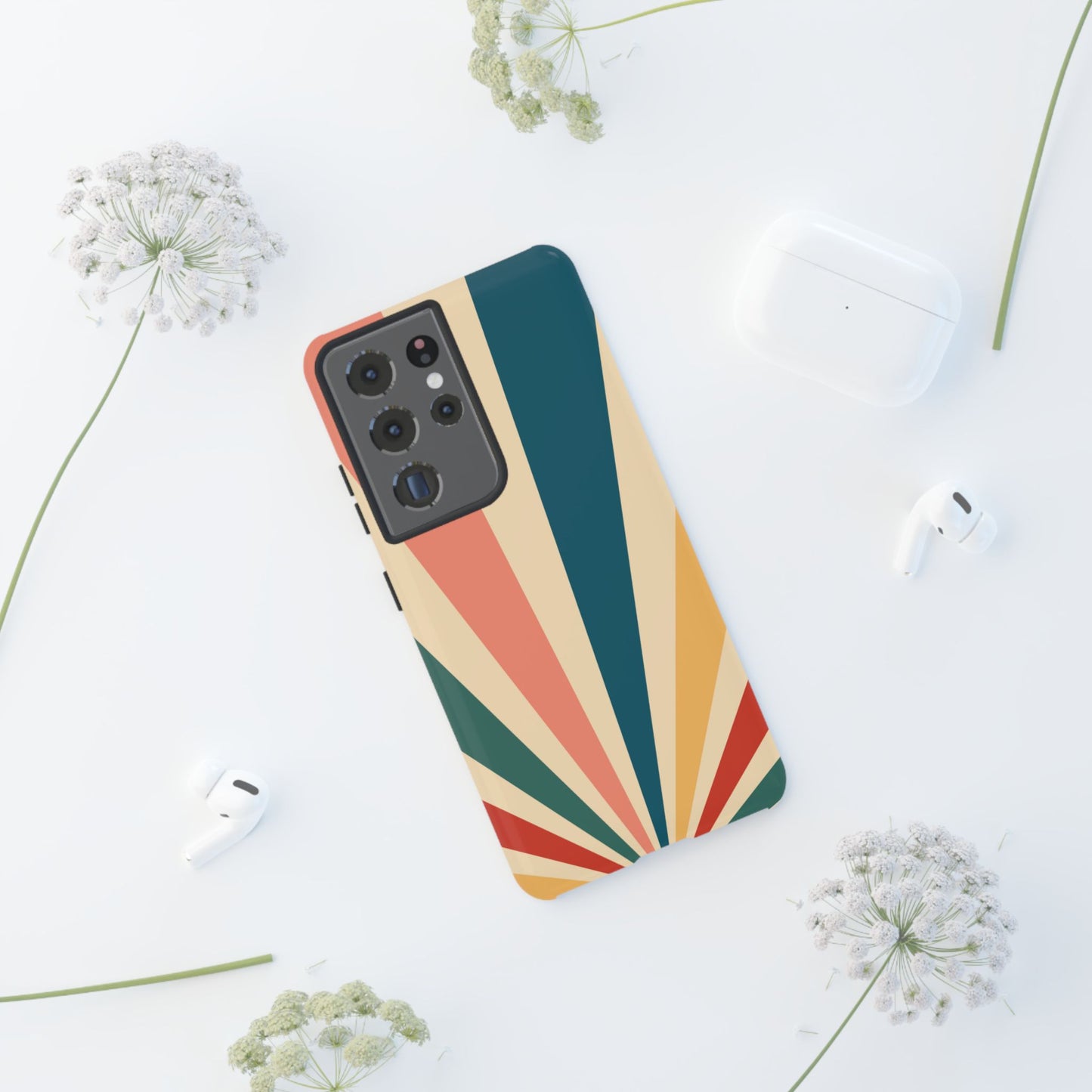 Retro Sunbeam Samsung Galaxy Case – 70s-Inspired Radiating Stripes in Coral, Teal, and Mustard