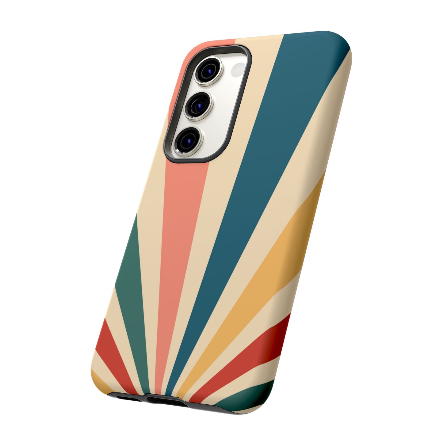 Retro Sunbeam Samsung Galaxy Case – 70s-Inspired Radiating Stripes in Coral, Teal, and Mustard