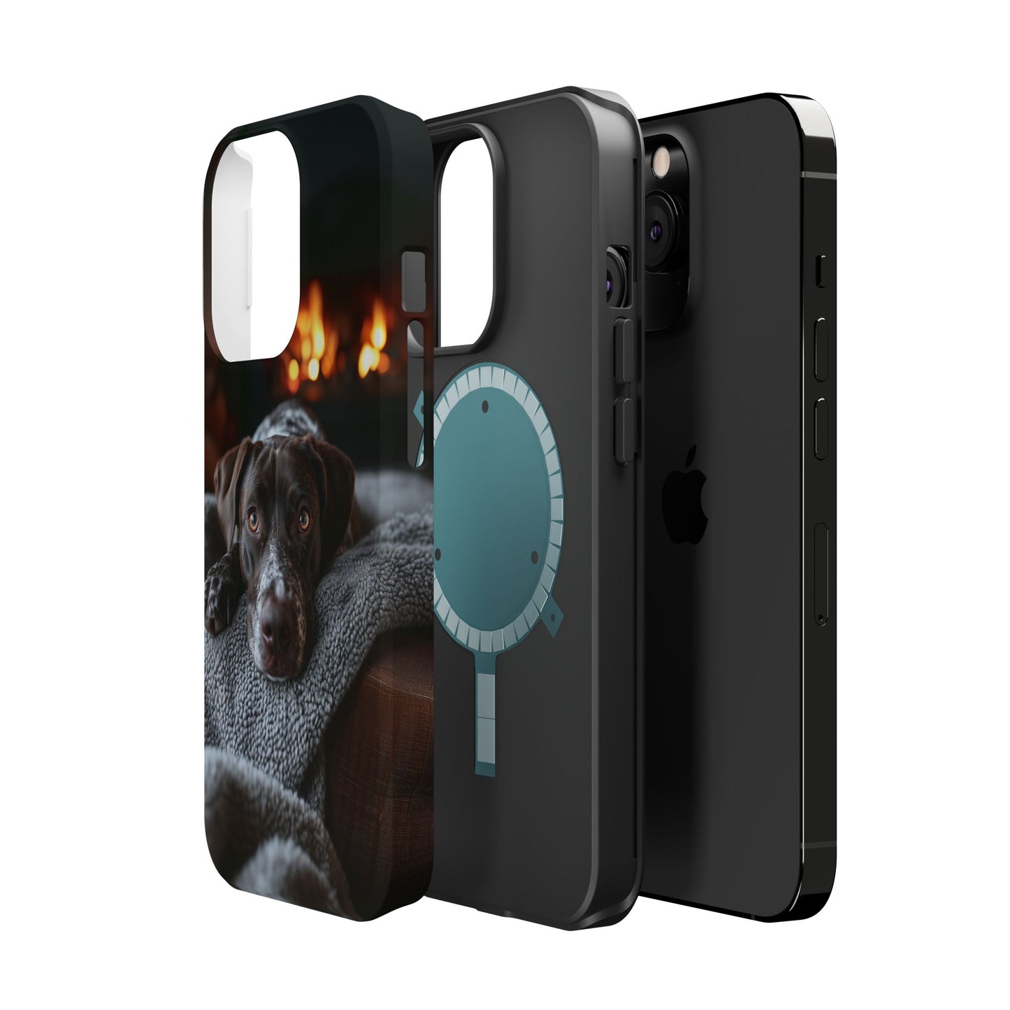 Cozy German Shorthaired Pointer MagSafe iPhone Case – Rustic Fireplace Protective Cover