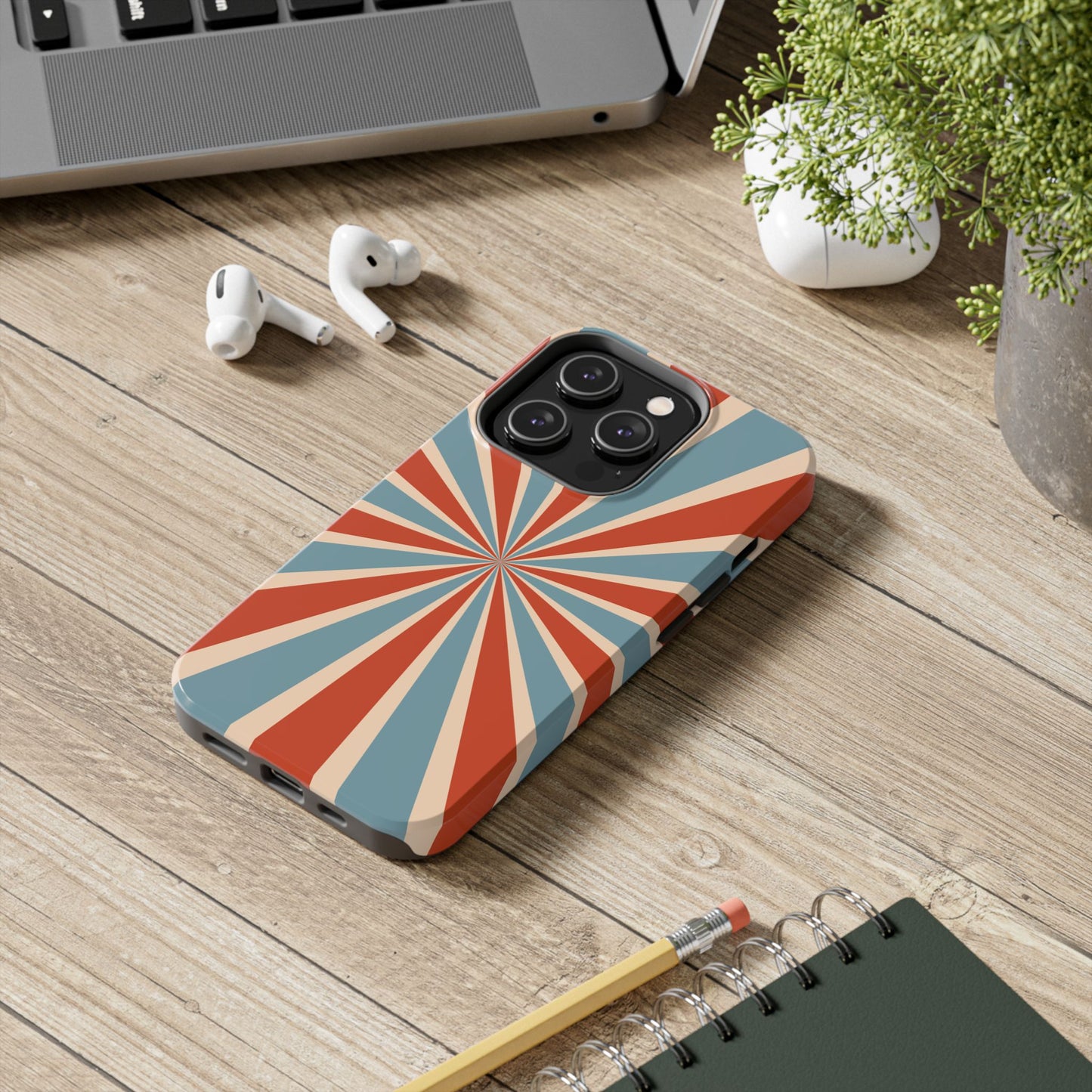 Vintage Blue & Red Sunburst iPhone Case – Bold Geometric Pattern, Shock-Resistant Cover