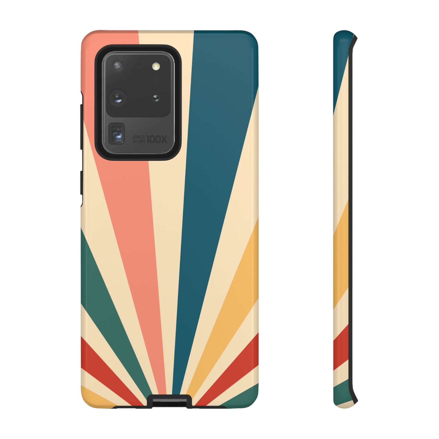 Retro Sunbeam Samsung Galaxy Case – 70s-Inspired Radiating Stripes in Coral, Teal, and Mustard