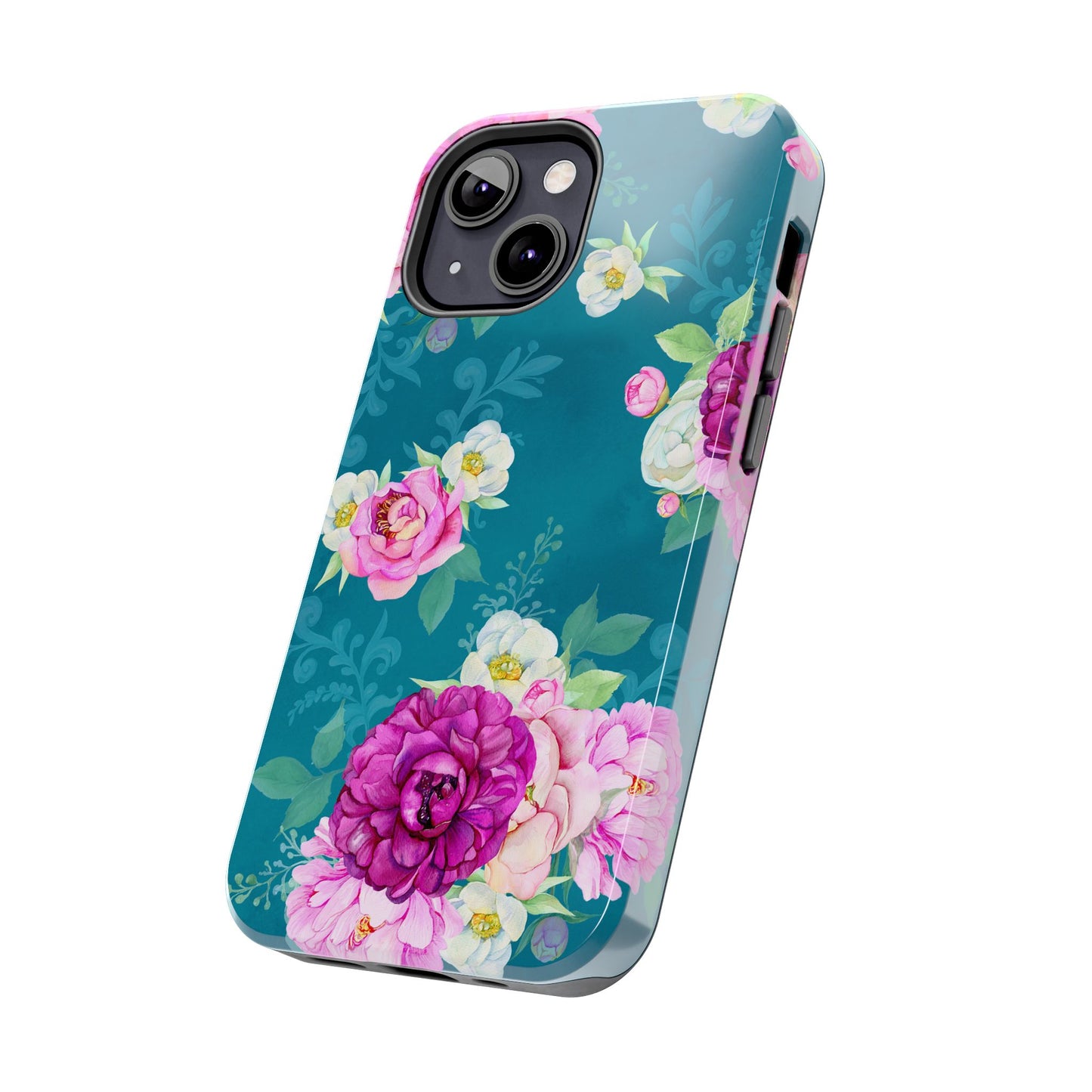 Elegant Peony Bouquet iPhone Case – Deep Teal Background with Romantic Floral Design