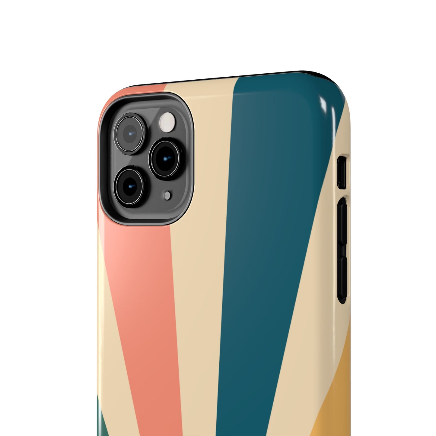 Retro Sunbeam iPhone Case – 70s-Inspired Radiating Stripes in Coral, Teal, and Mustard