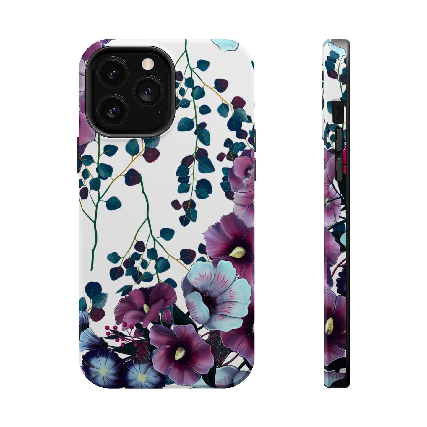 Moody Purple & Teal Floral MagSafe iPhone Series Case – Elegant Botanical Design