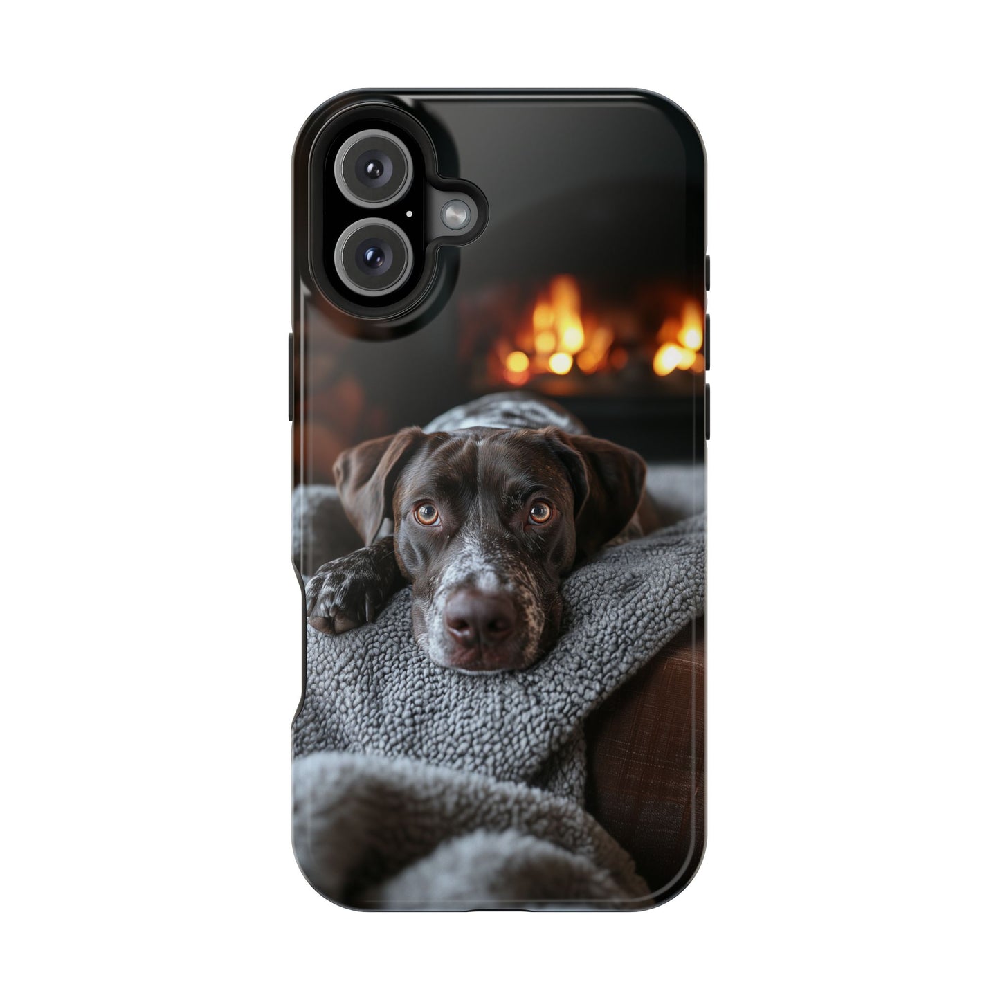Cozy German Shorthaired Pointer MagSafe iPhone Case – Rustic Fireplace Protective Cover