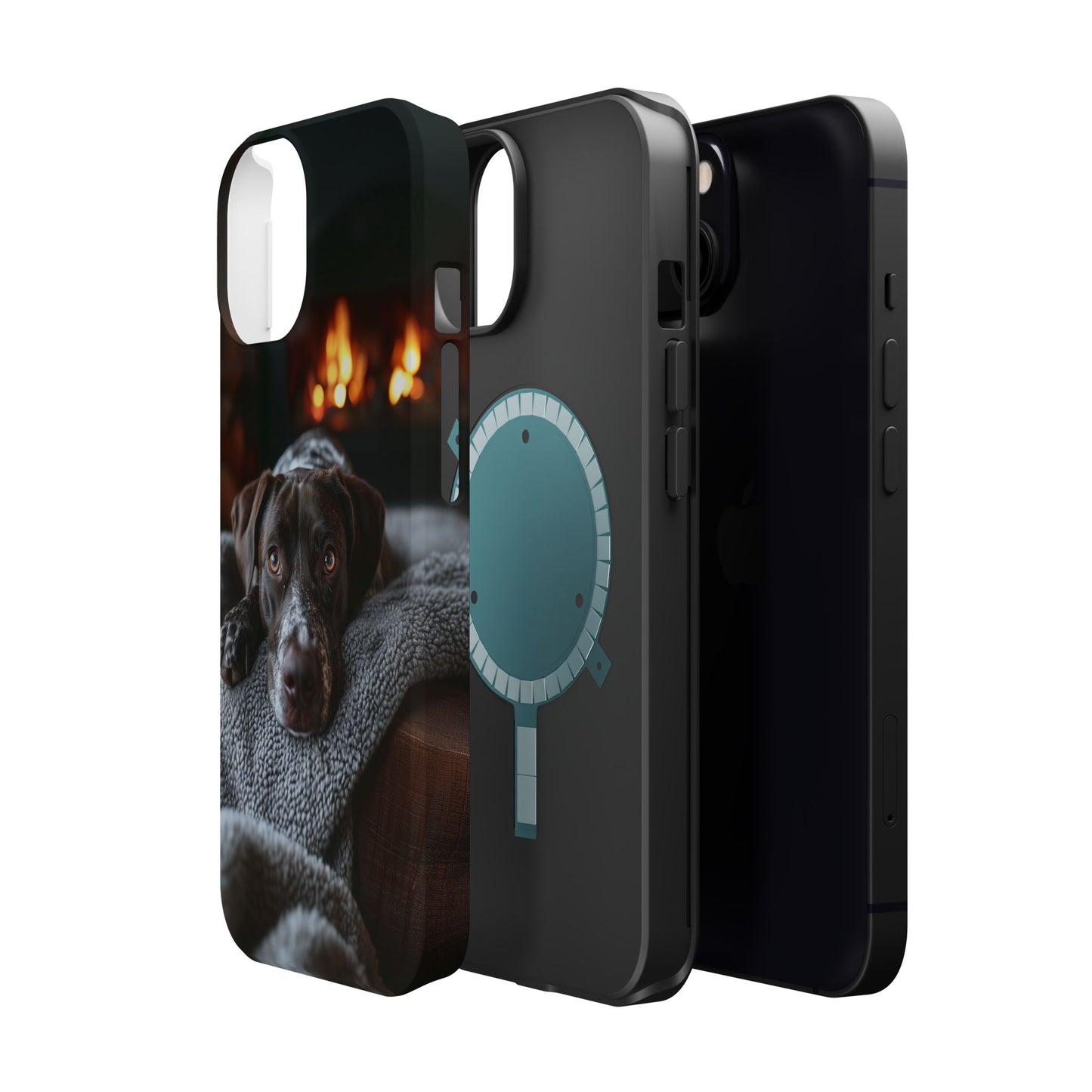 Cozy German Shorthaired Pointer MagSafe iPhone Case – Rustic Fireplace Protective Cover
