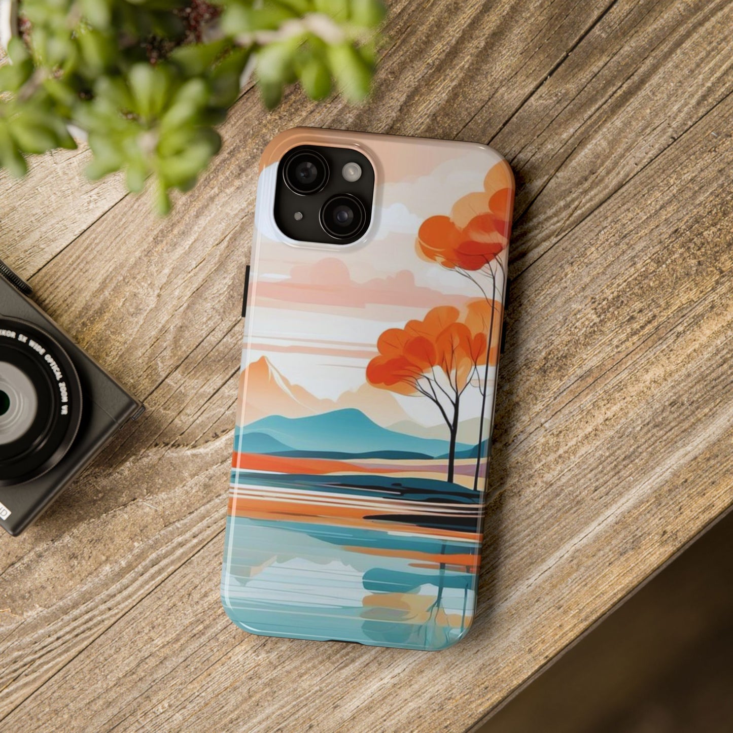 Serene Sunset Lake iPhone Case – Minimalist Landscape Art, Dual-Layer Protection