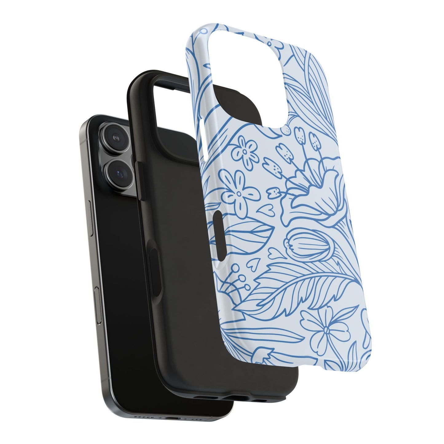 Dusty Blue Floral Line Art Tough iPhone Case – Minimalist Botanical Design with Dual-Layer Protection