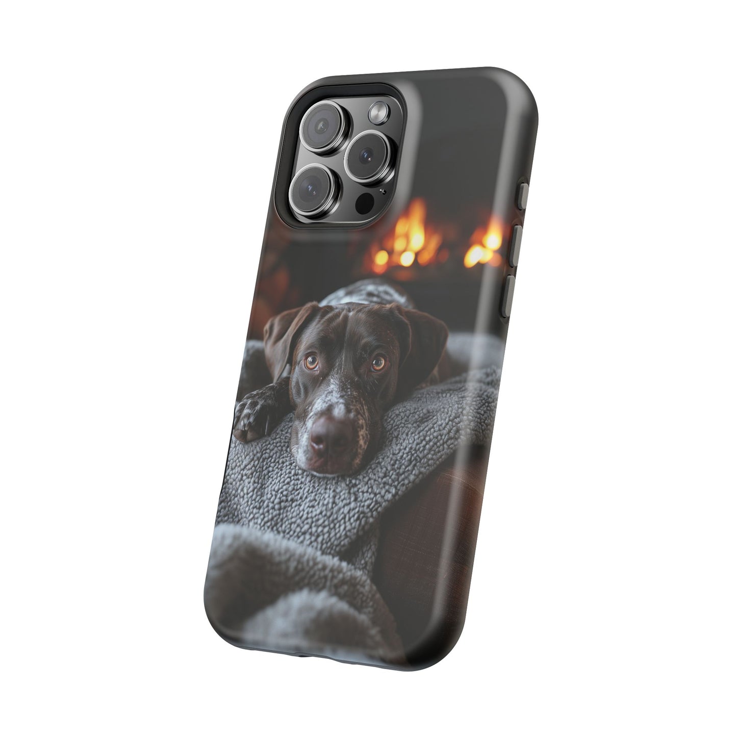 Cozy German Shorthaired Pointer MagSafe iPhone Case – Rustic Fireplace Protective Cover
