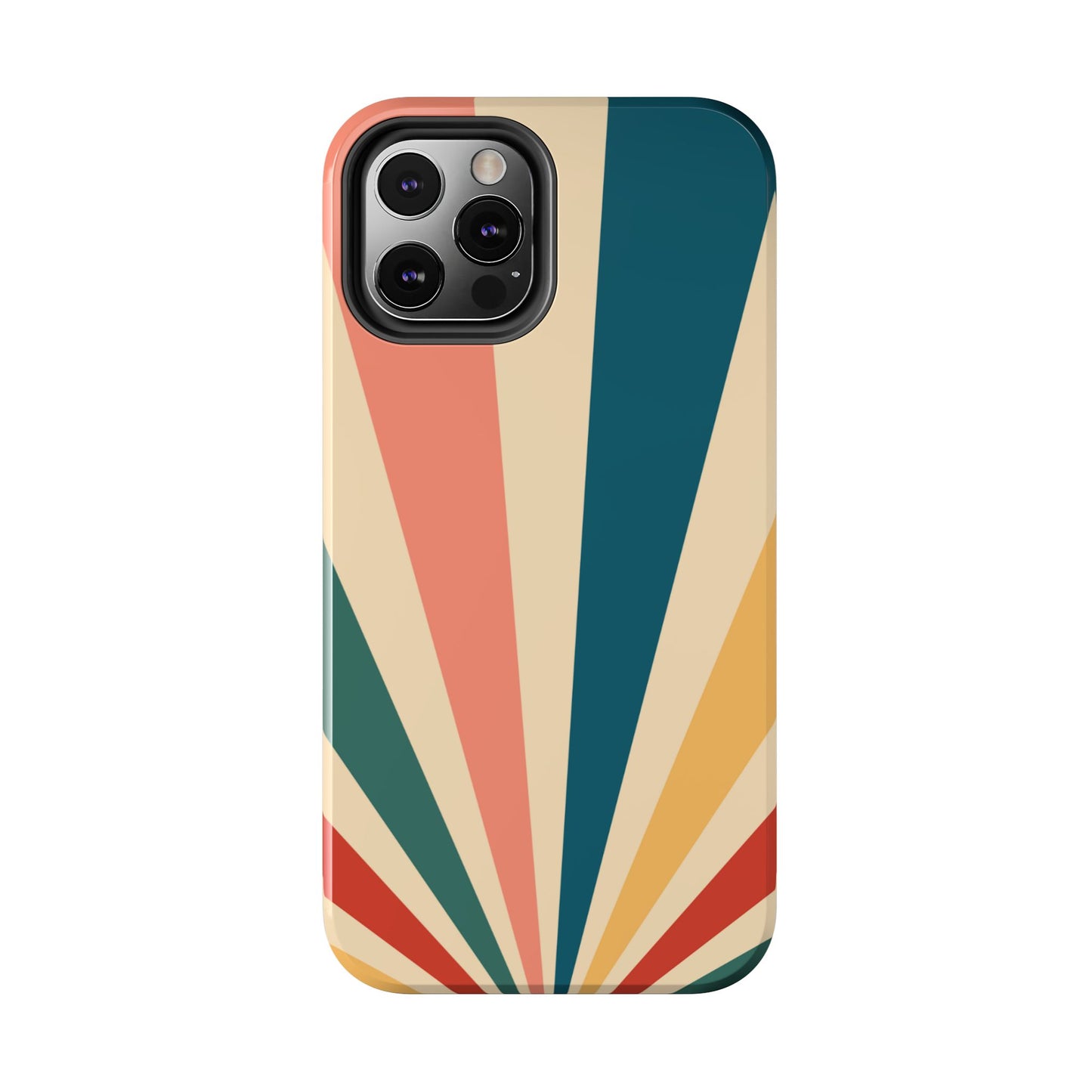 Retro Sunbeam iPhone Case – 70s-Inspired Radiating Stripes in Coral, Teal, and Mustard