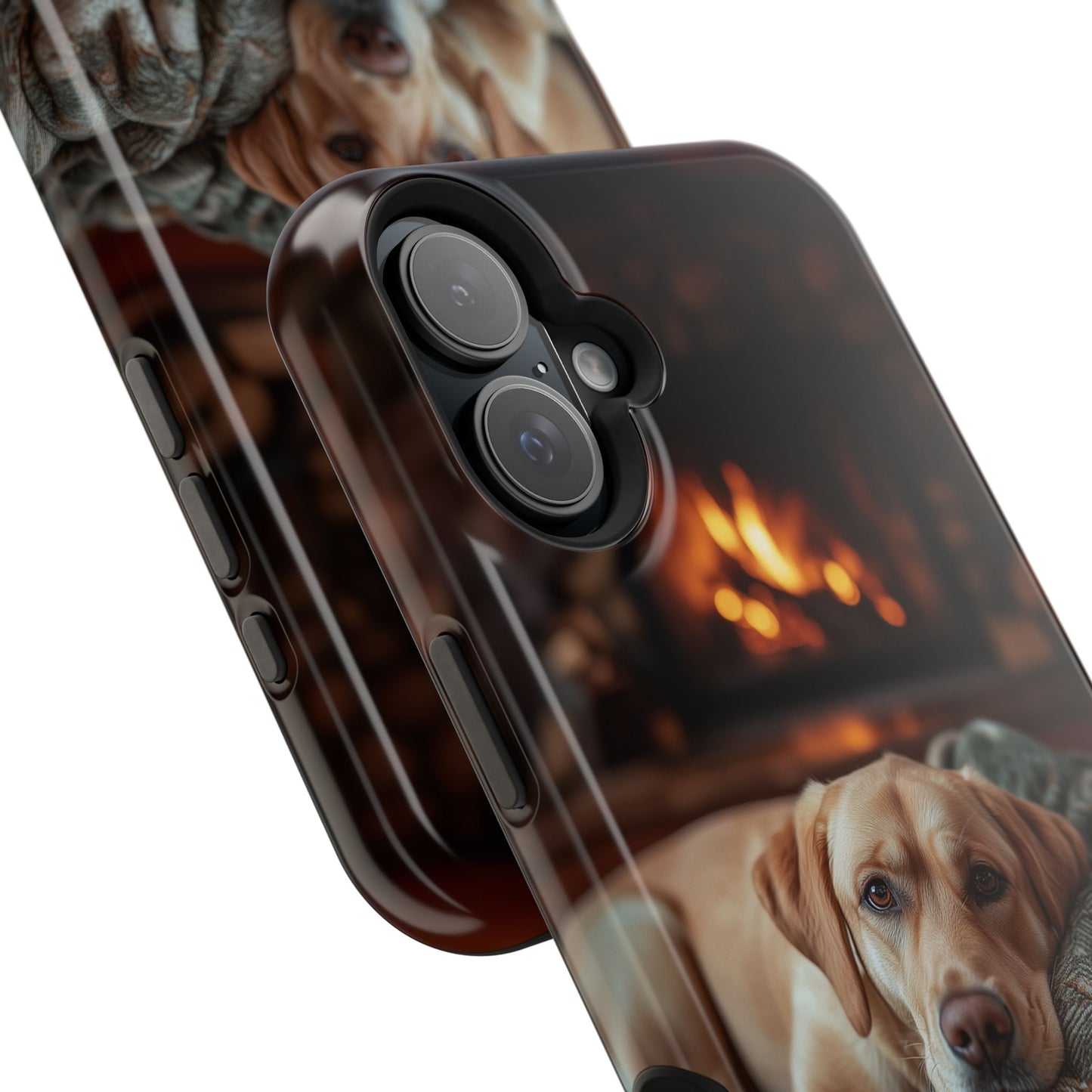 Cozy Labrador by Fireplace MagSafe iPhone Case – Rustic Cabin Protective Cover