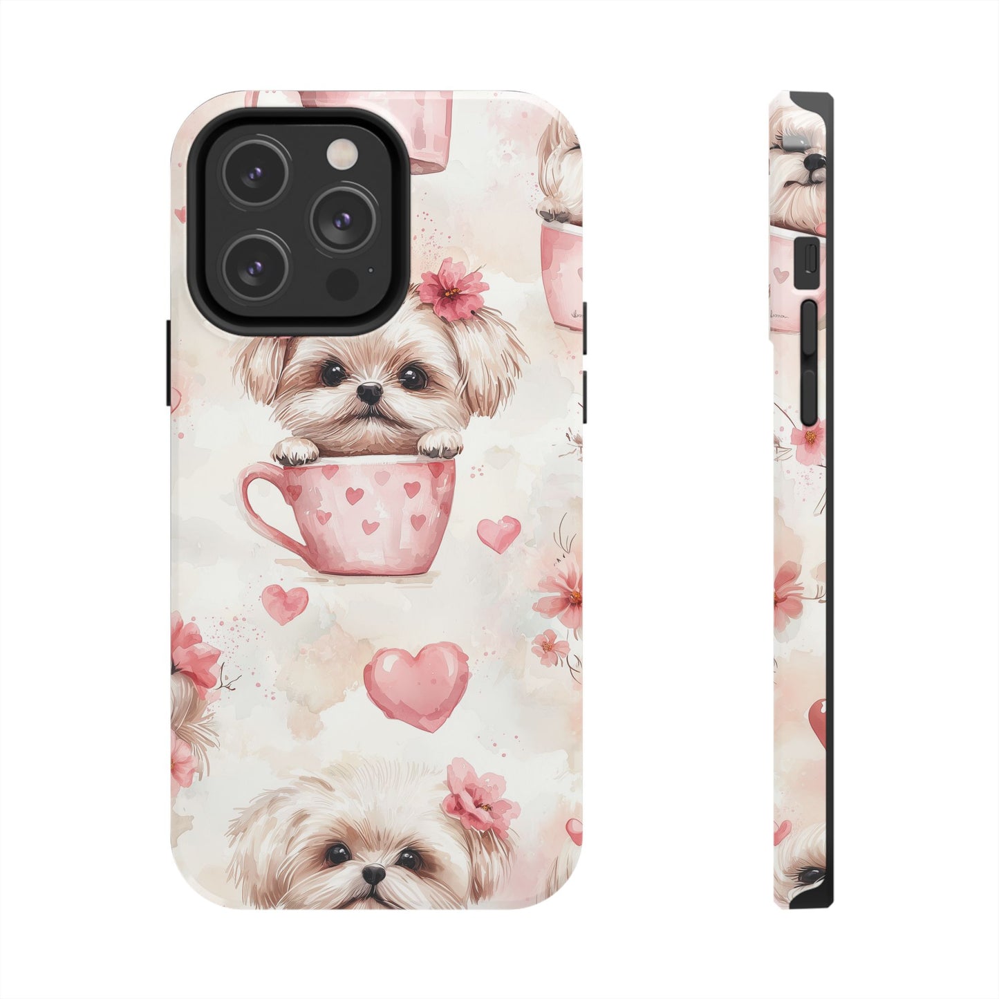 Floral Puppy in Teacup iPhone Case – Cute Pink Flower Design, Tough Dual - Layer Protection - BOGO Cases