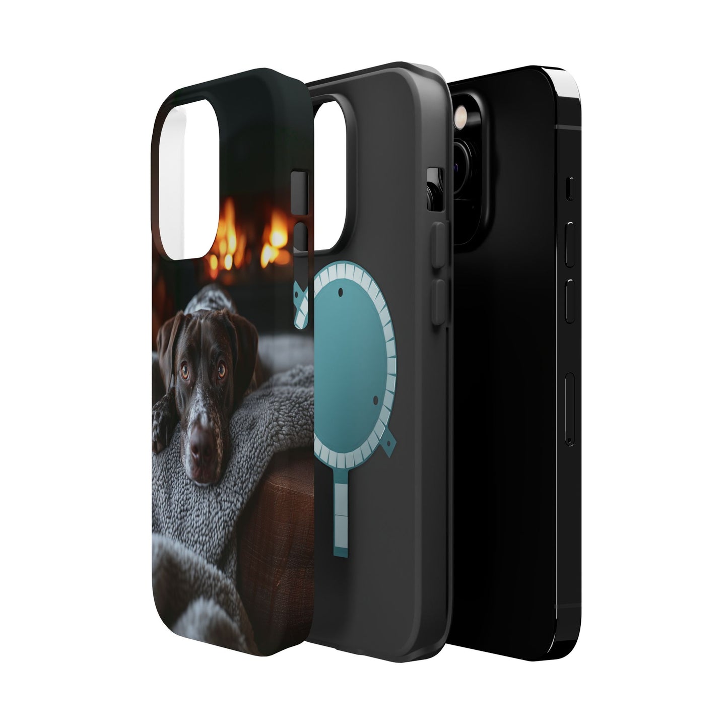 Cozy German Shorthaired Pointer MagSafe iPhone Case – Rustic Fireplace Protective Cover