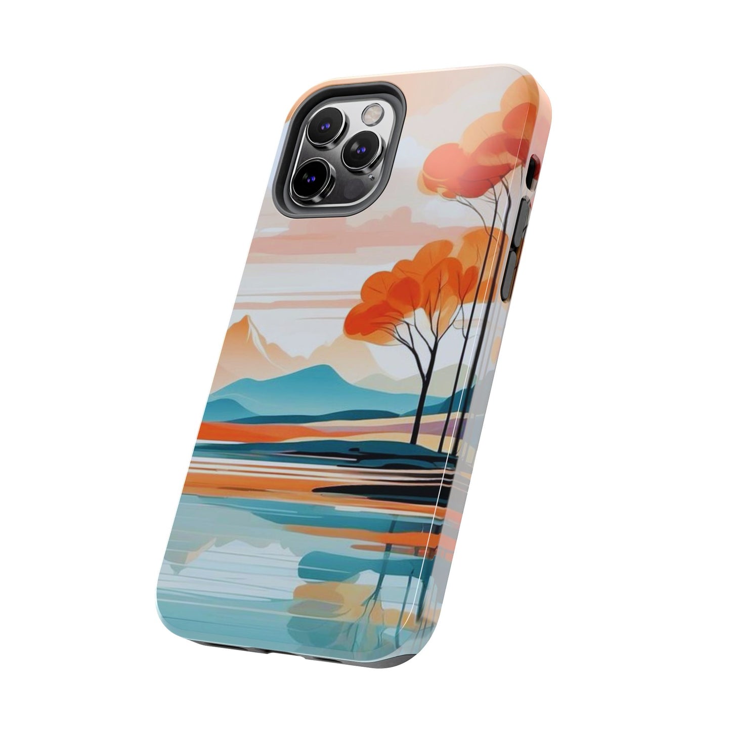 Serene Sunset Lake iPhone Case – Minimalist Landscape Art, Dual-Layer Protection