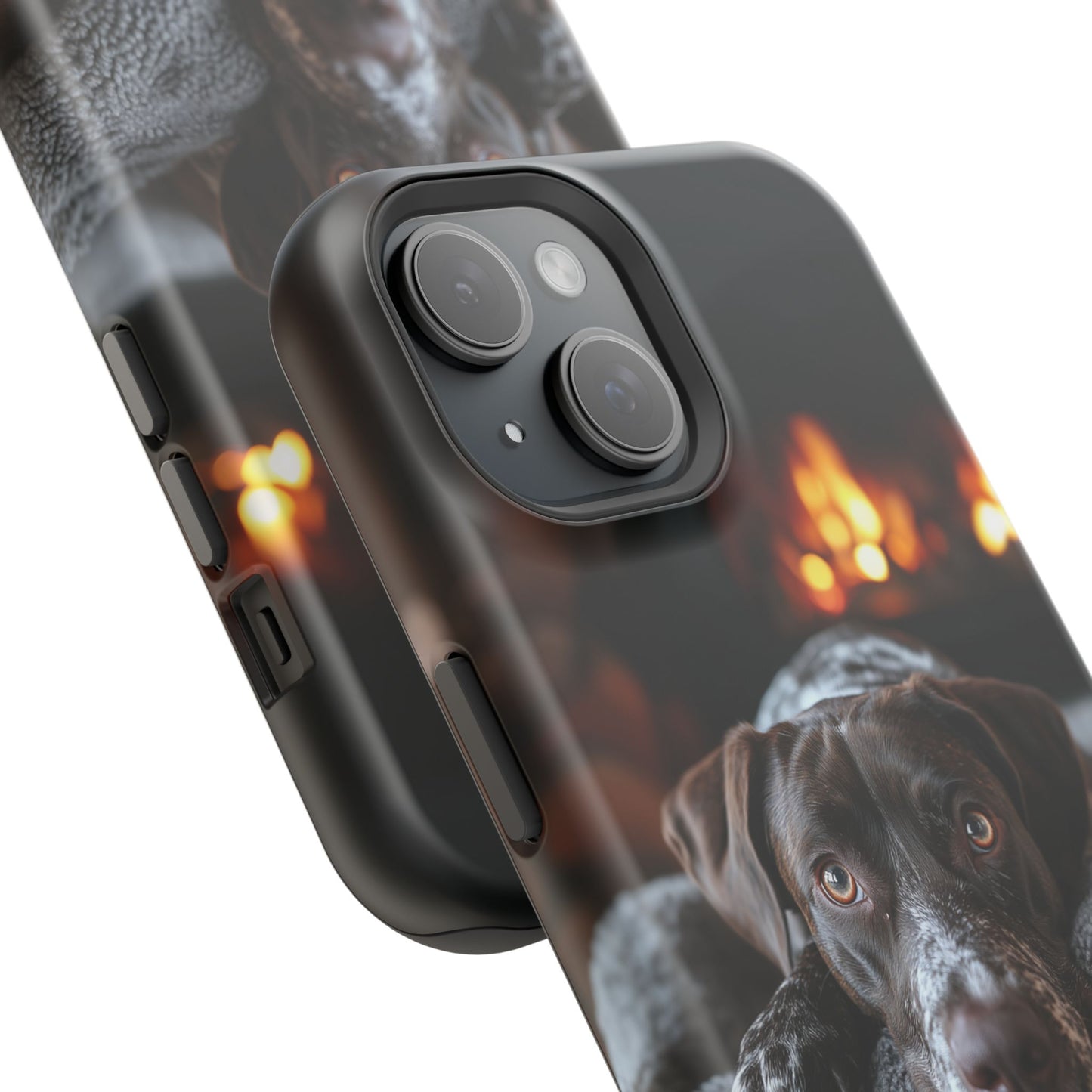 Cozy German Shorthaired Pointer MagSafe iPhone Case – Rustic Fireplace Protective Cover
