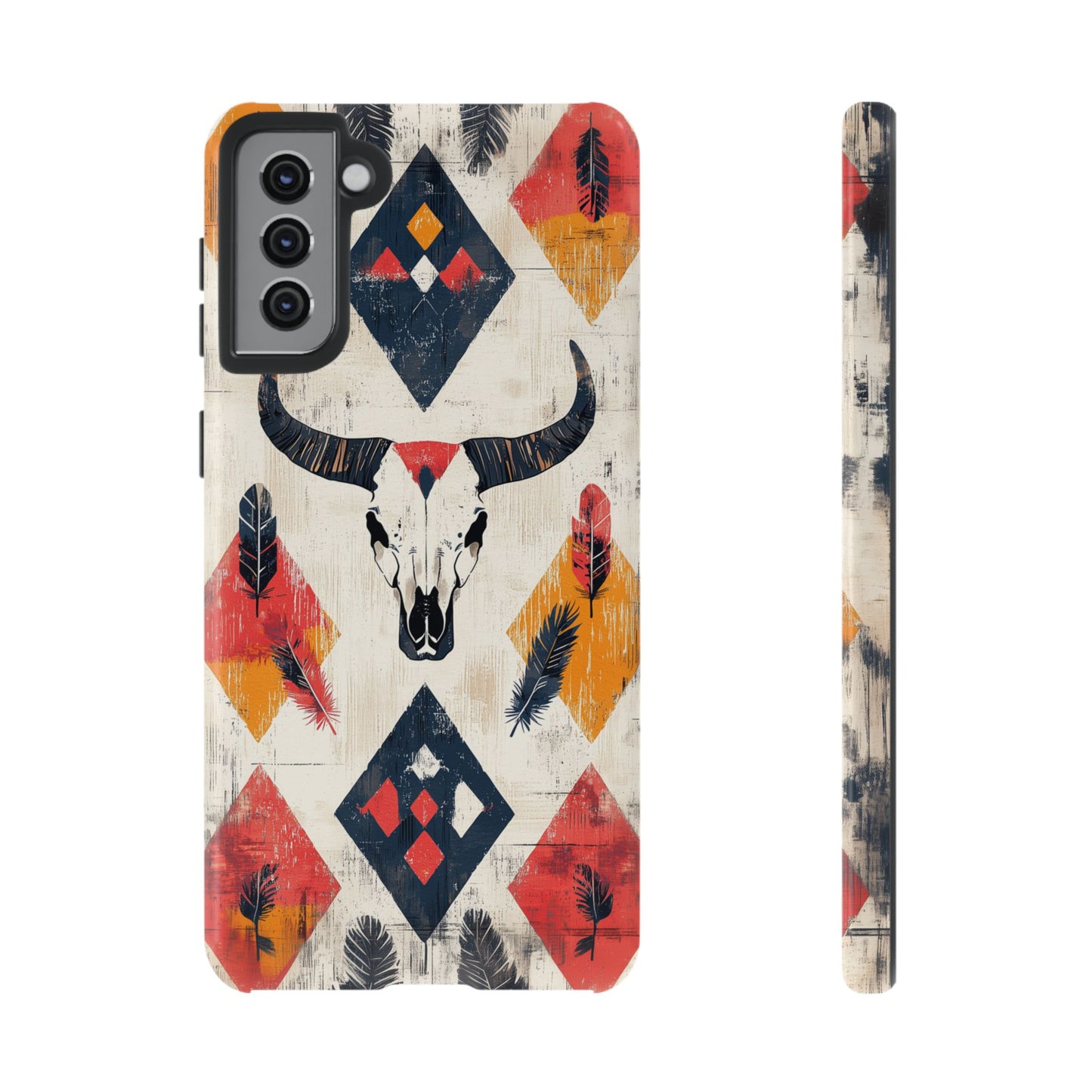 Western Bull Skull & Feathers Tough Samsung Galaxy Case – Bold Tribal Design, Dual-Layer Protection