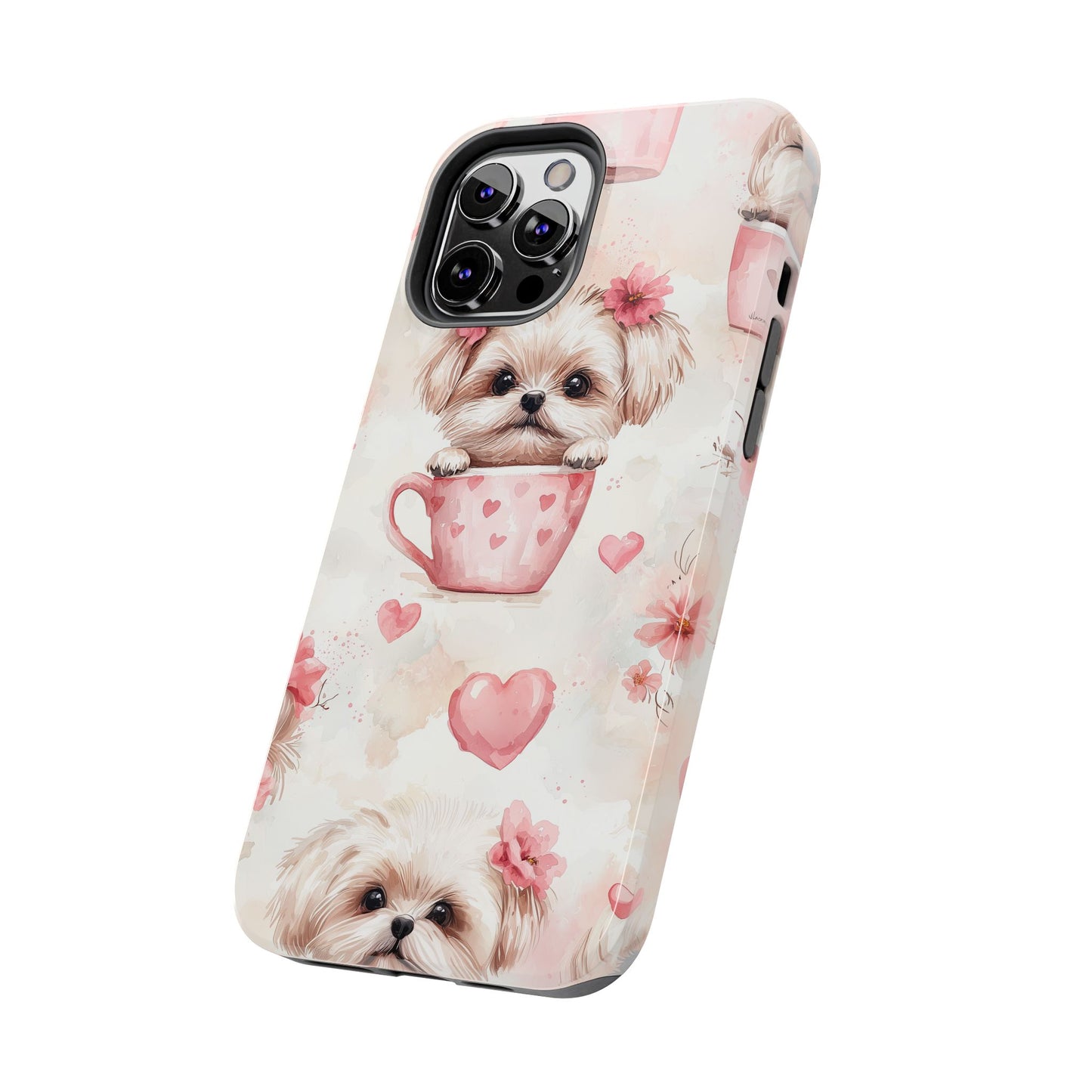 Floral Puppy in Teacup iPhone Case – Cute Pink Flower Design, Tough Dual - Layer Protection - BOGO Cases