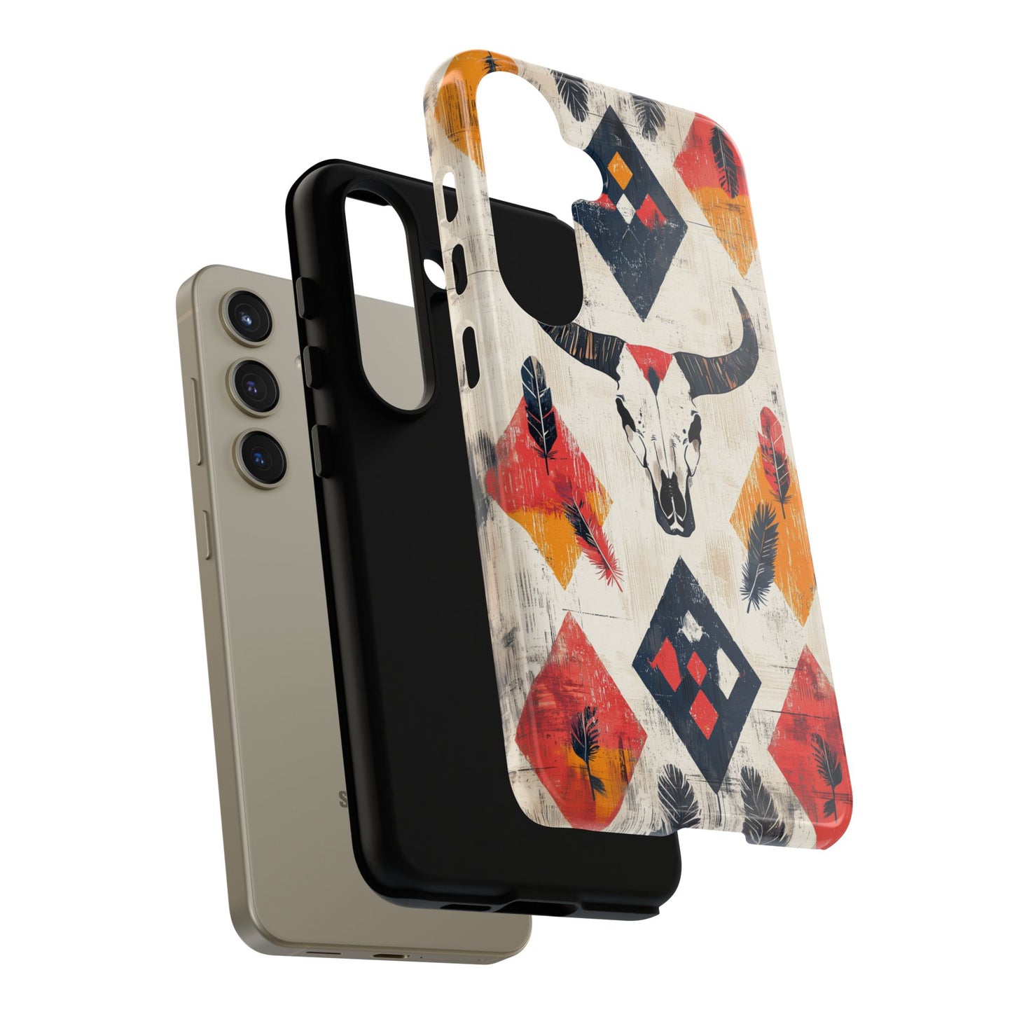 Western Bull Skull & Feathers Tough Samsung Galaxy Case – Bold Tribal Design, Dual-Layer Protection